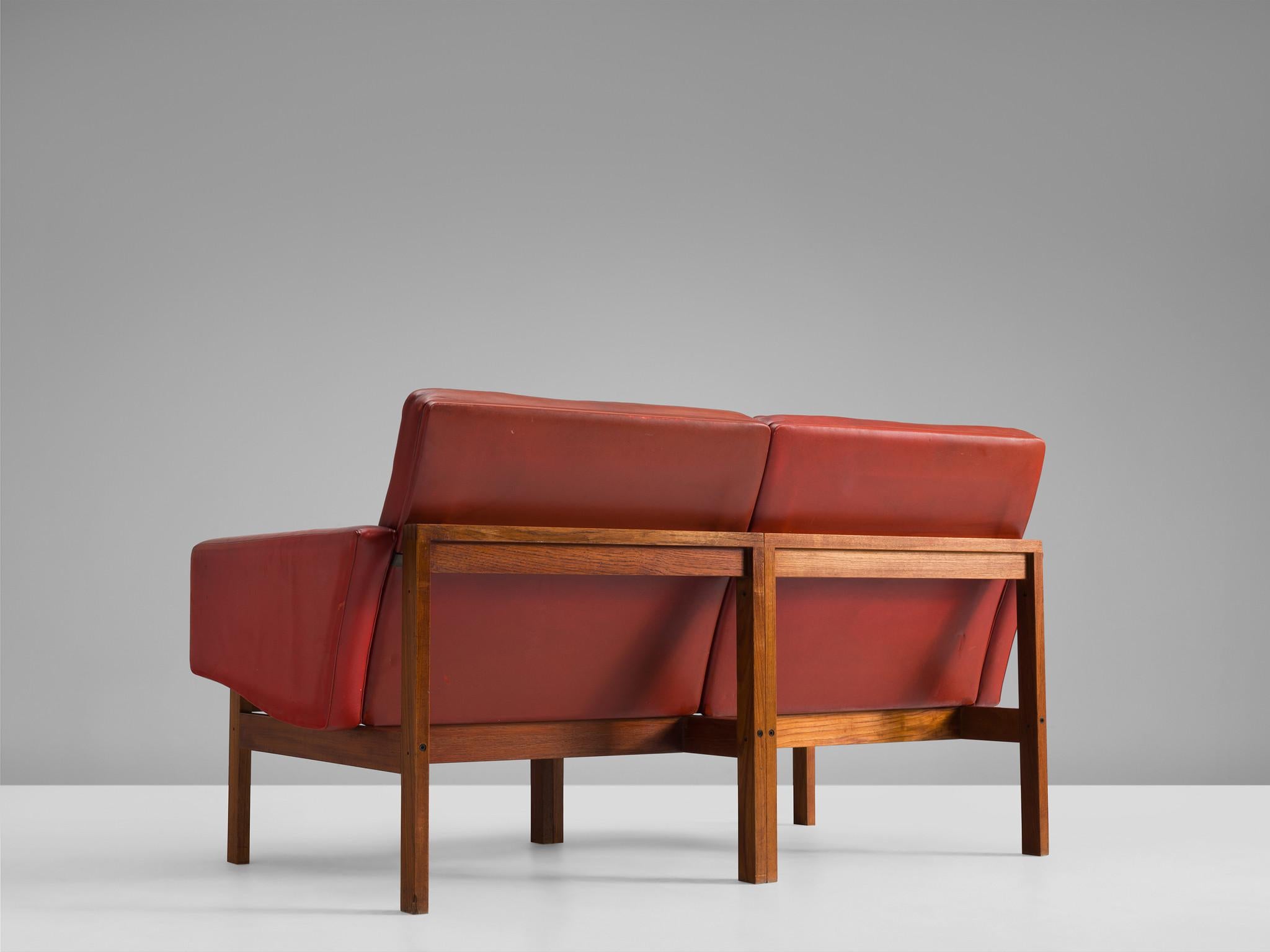 Danish Ole Gjerløv-Knudsen & Torben Lind Two Seater Sofa in Red Leather and Teak  For Sale