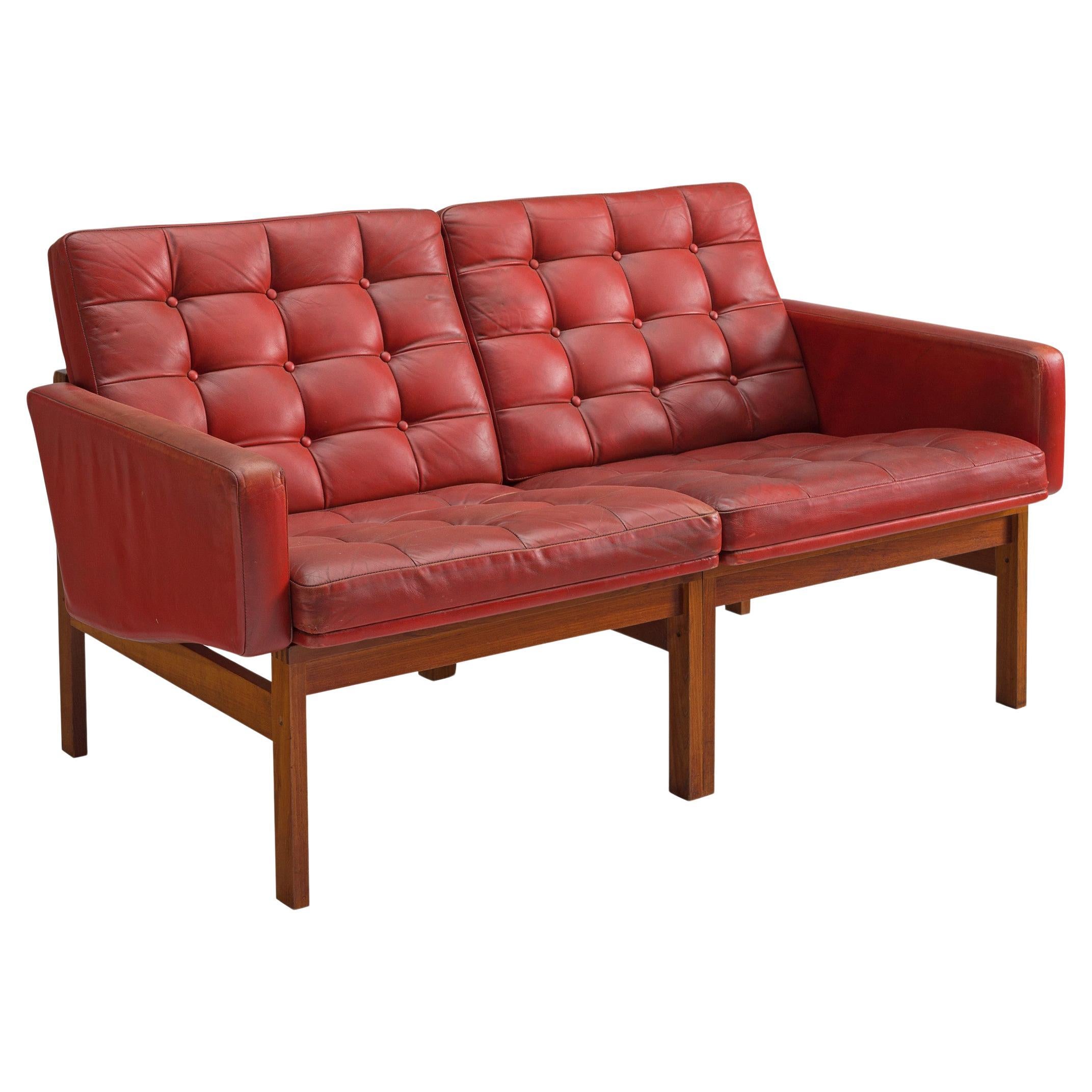 Ole Gjerløv-Knudsen & Torben Lind Two Seater Sofa in Red Leather and Teak  For Sale