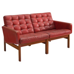 Used Ole Gjerløv-Knudsen & Torben Lind Two Seater Sofa in Red Leather and Teak 
