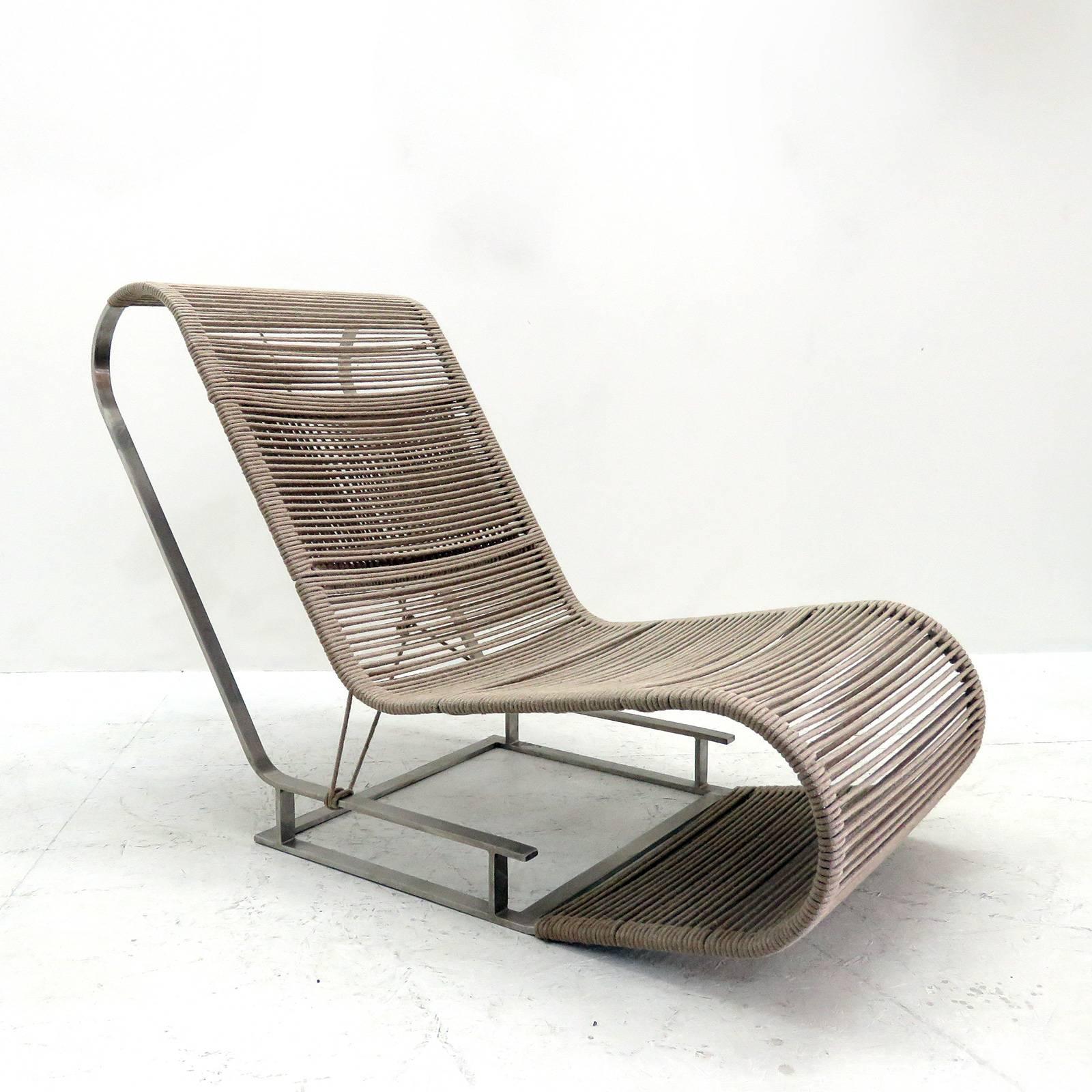 Unique easy chair designed by Ole Henriksen, with intricate natural linen rope weaving on a stainless steel frame, this piece is a fully functional prototype.