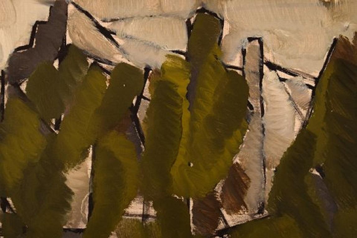Scandinavian Modern Ole Jensen, Danish Artist, Oil on Canvas, Modernist Landscape with Trees, 1952