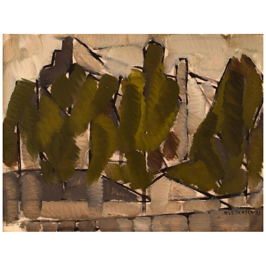 Ole Jensen, Danish Artist, Oil on Canvas, Modernist Landscape with Trees, 1952
