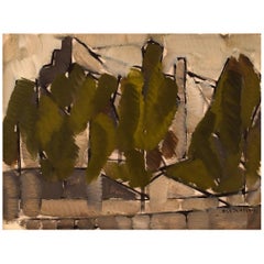 Ole Jensen, Danish Artist, Oil on Canvas, Modernist Landscape with Trees, 1952