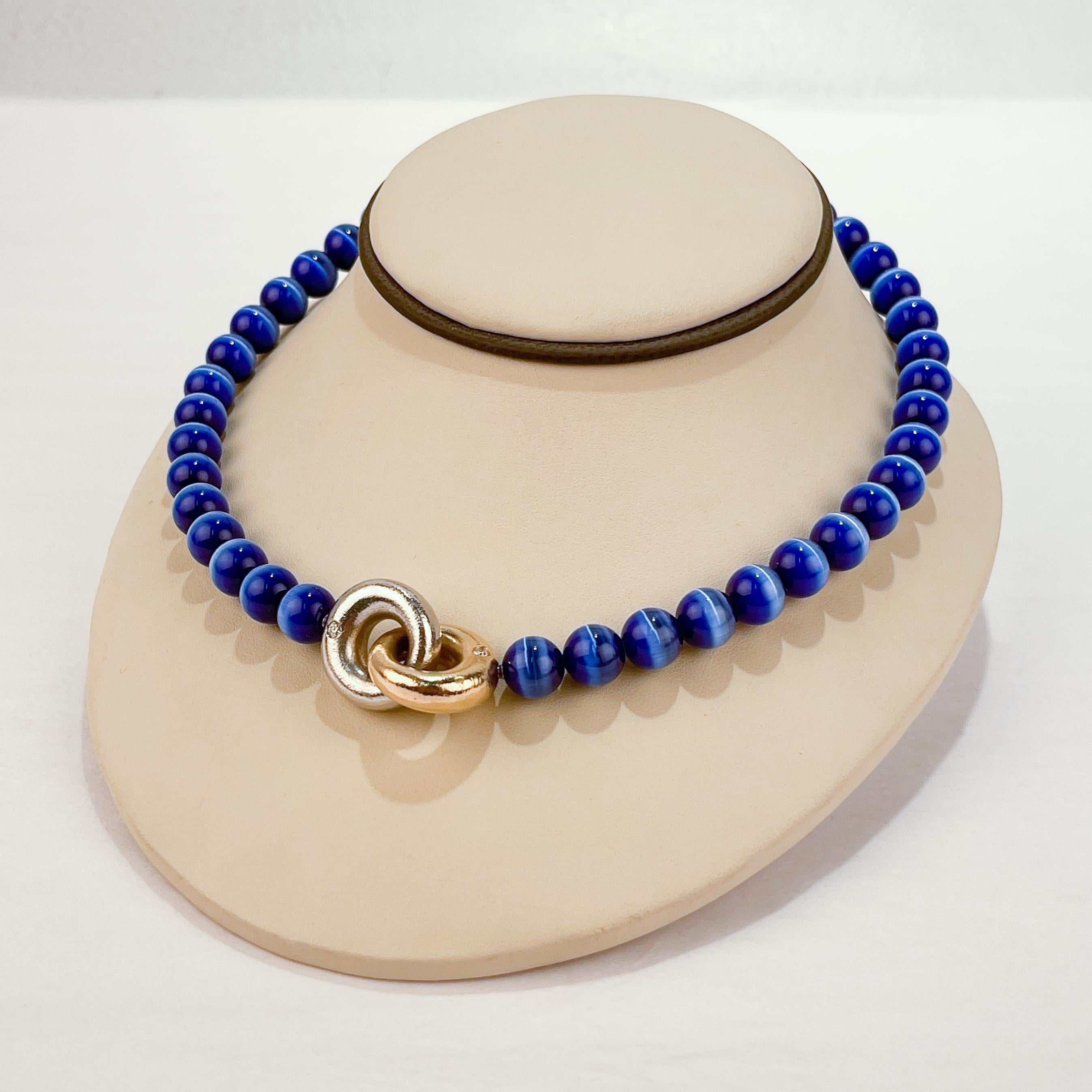 Modernist Ole Lynggaard 14k Gold & Blue Tiger's Eye Beaded Collier or Choker Necklace For Sale