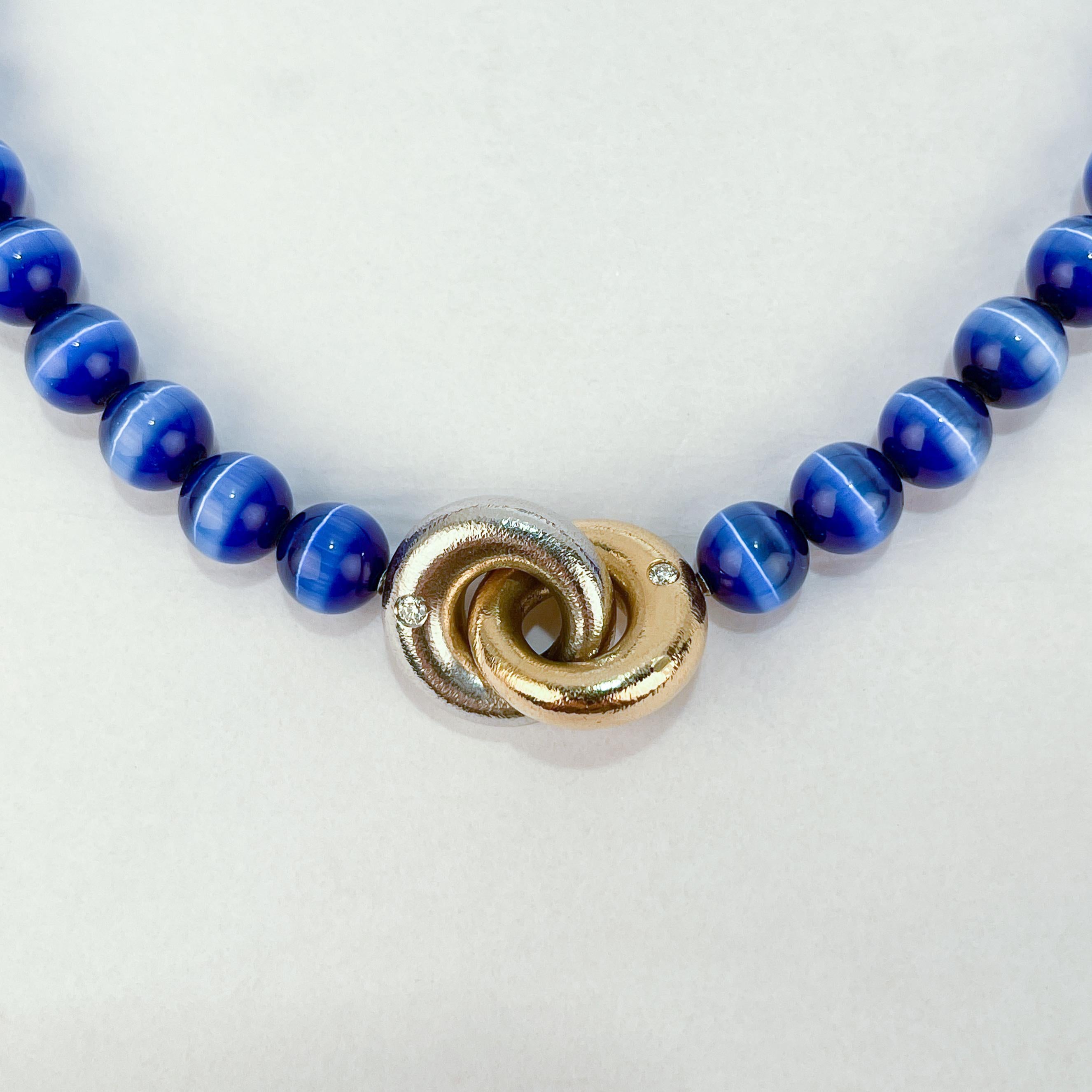 Women's or Men's Ole Lynggaard 14k Gold & Blue Tiger's Eye Beaded Collier or Choker Necklace For Sale