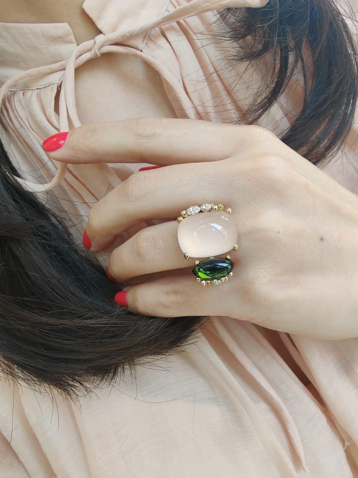 Moderno Ole Lynggaard Anello Boho con quarzo rosa e tormalina verde in vendita