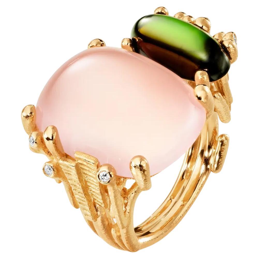 Ole Lynggaard Anello Boho con quarzo rosa e tormalina verde in vendita