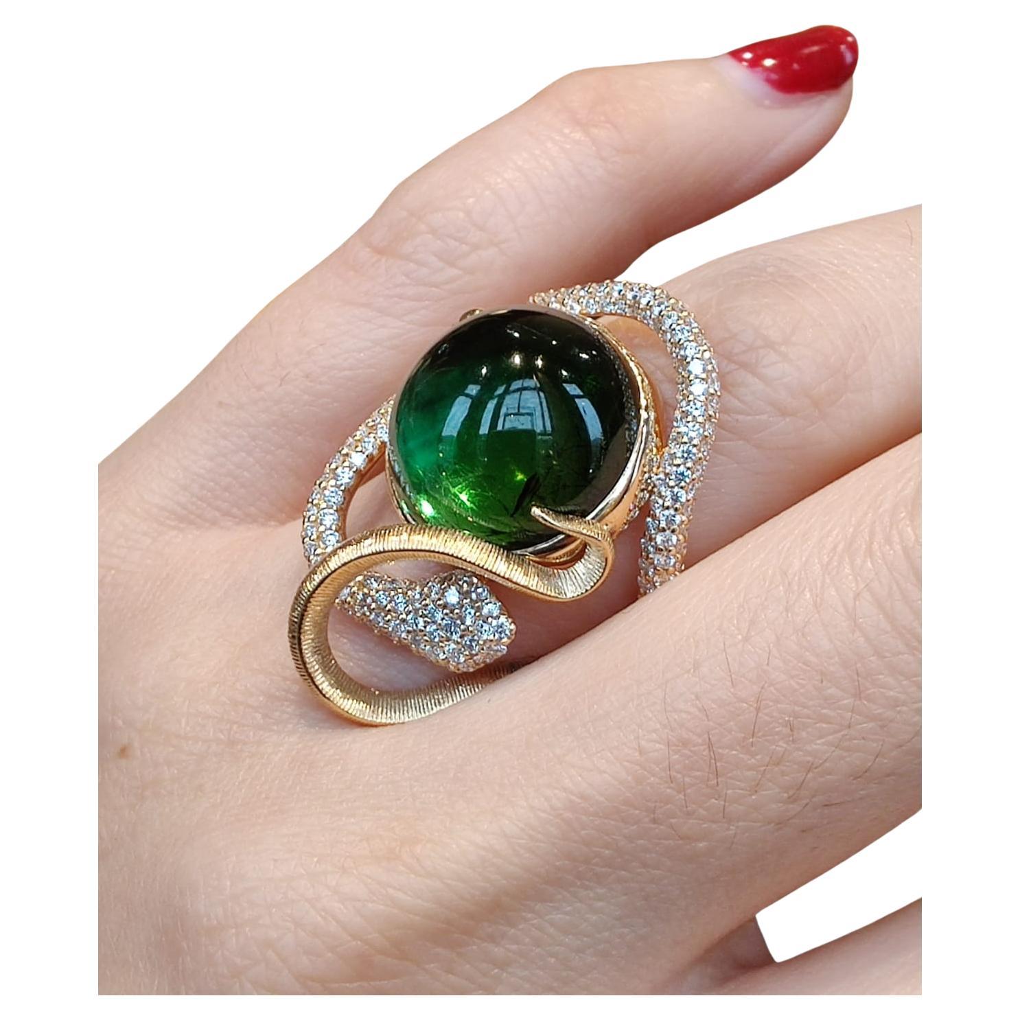 Ole Lynggaard snake ring pave diamonds and green tourmaline For Sale