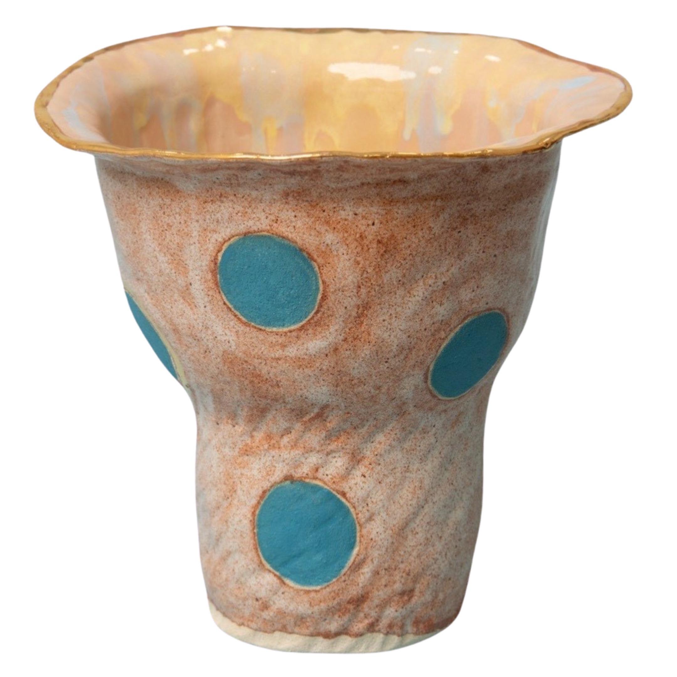 Spanish OLÉ Vase No 2 in Beige and Turquoise Glazed Stoneware By Artist Hania Jneid For Sale