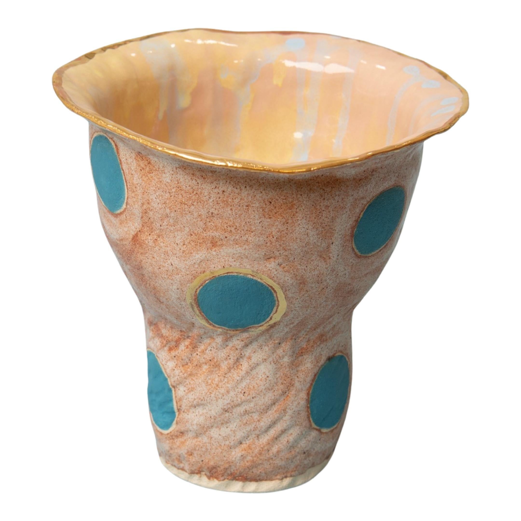 Hand-Crafted OLÉ Vase No 2 in Beige and Turquoise Glazed Stoneware By Artist Hania Jneid For Sale