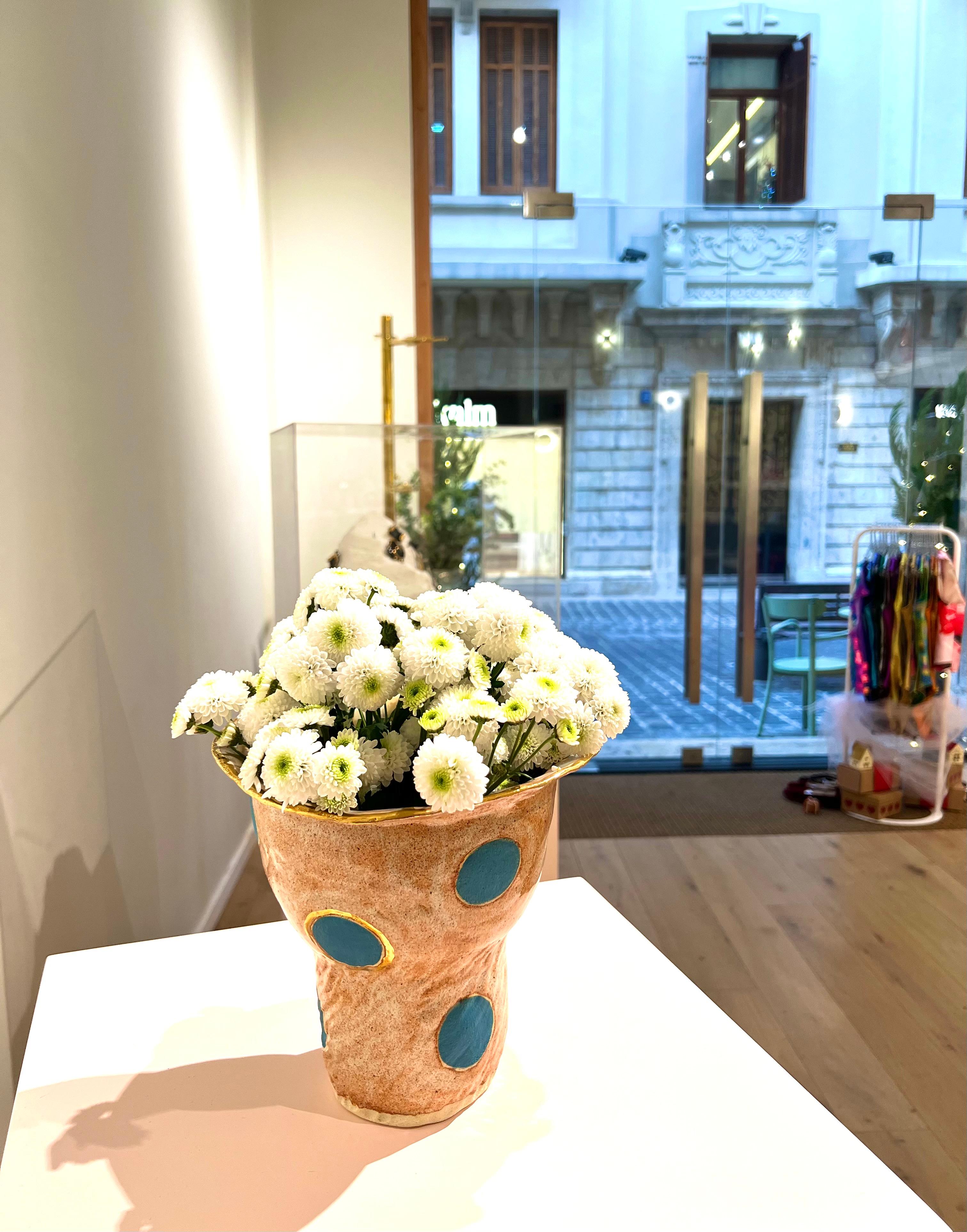 Ceramic OLÉ Vase No 2 in Beige and Turquoise Glazed Stoneware By Artist Hania Jneid For Sale