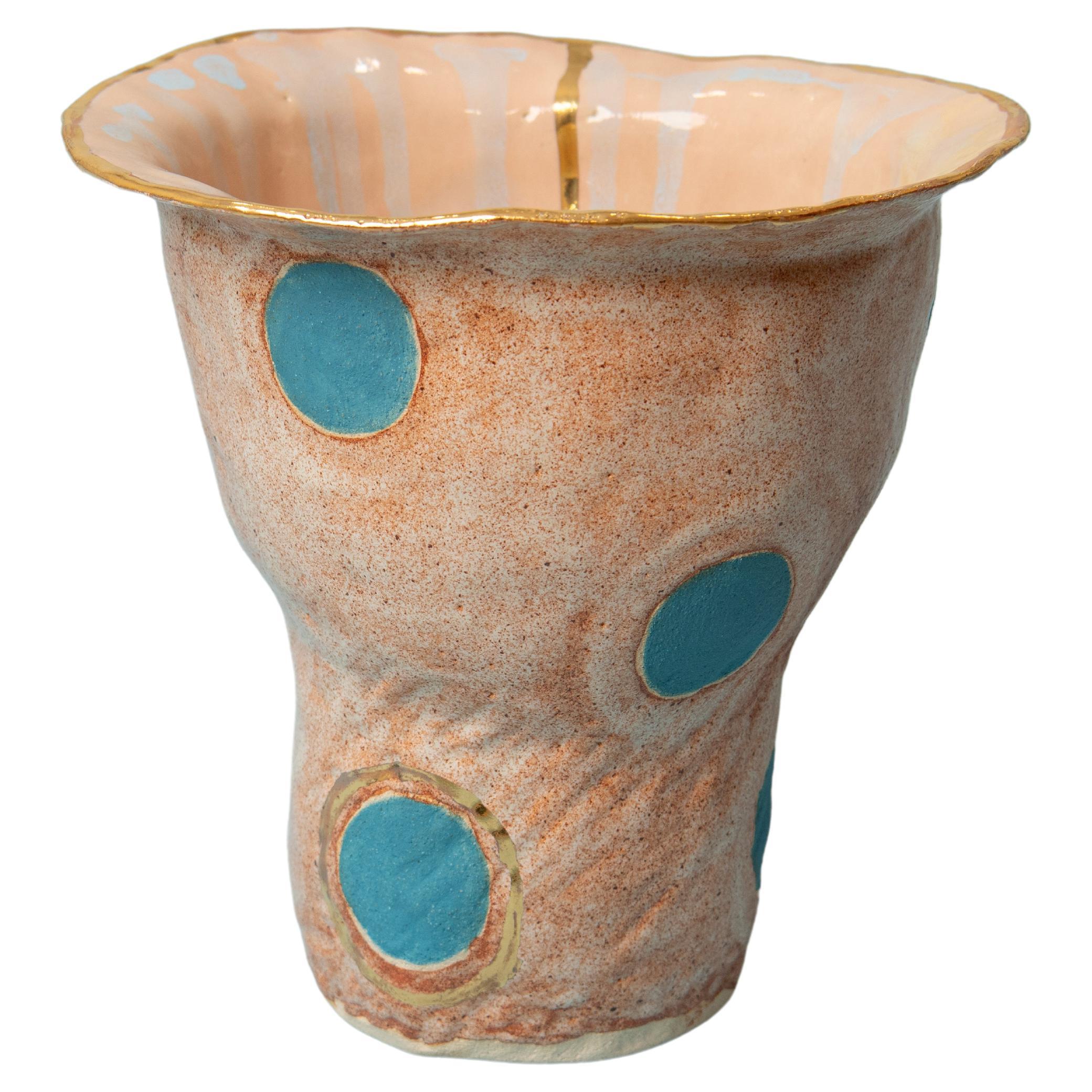 OLÉ Vase No 2 in Beige and Turquoise Glazed Stoneware By Artist Hania Jneid For Sale