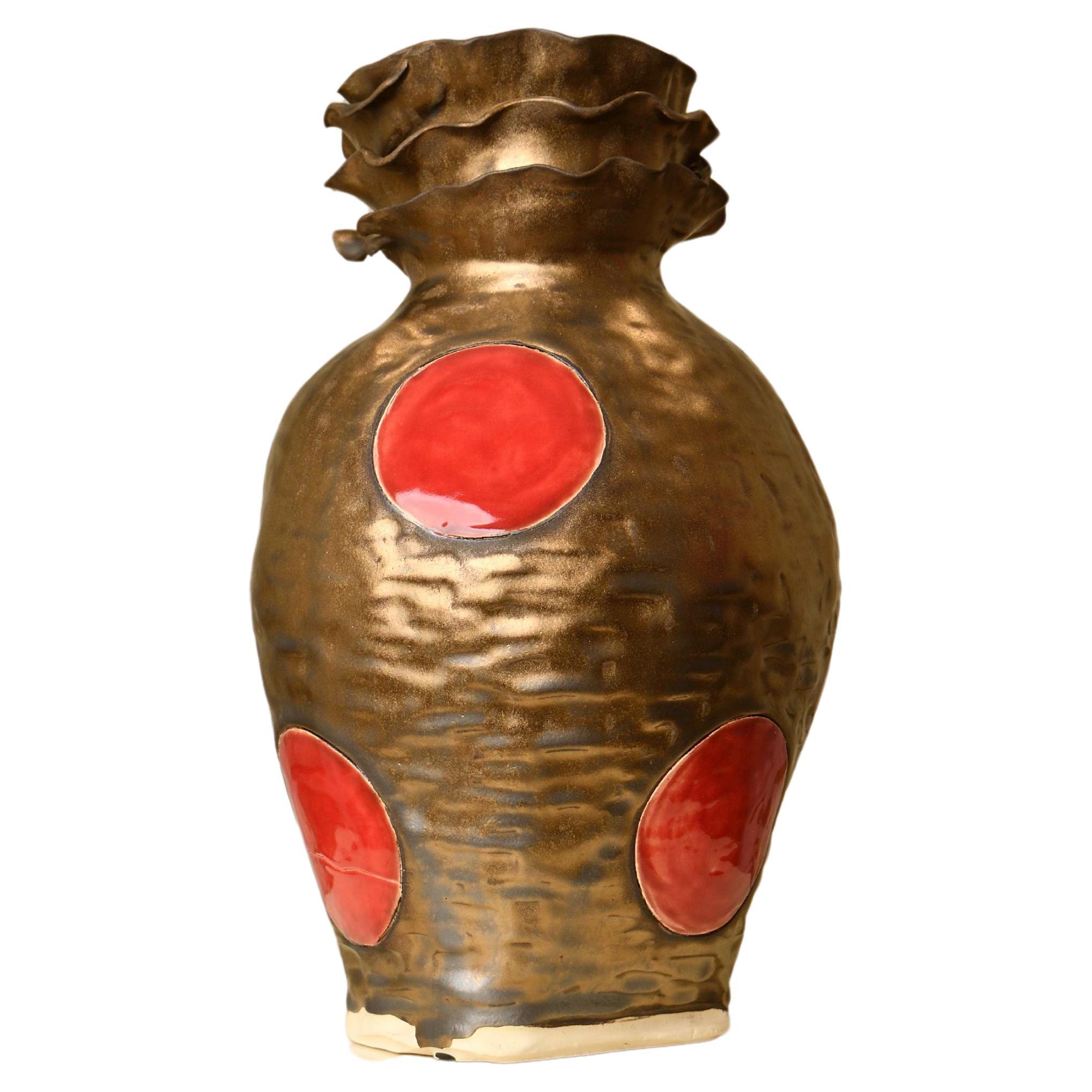 Olé Vase in Bronze and Red Dots Stoneware No 6 by artist - designer Hania Jneid