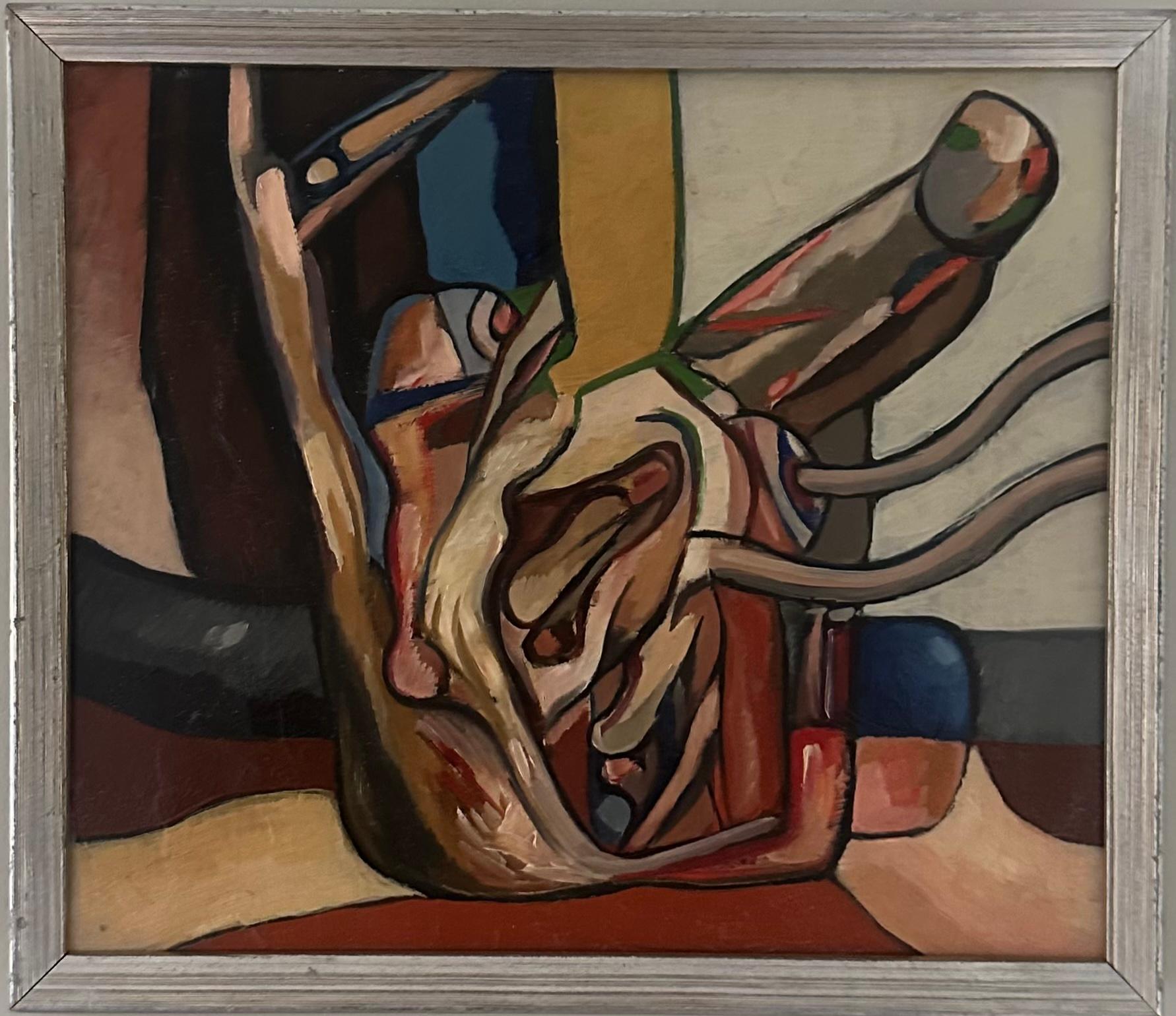 Dieses abstrakte Gemälde stellt eine dynamische figurative Komposition dar, in der organische Formen und kühne Konturen in einer rhythmischen und ausgewogenen Anordnung ineinandergreifen.

In diesem Ölgemälde auf Leinwand verwendet der d änische