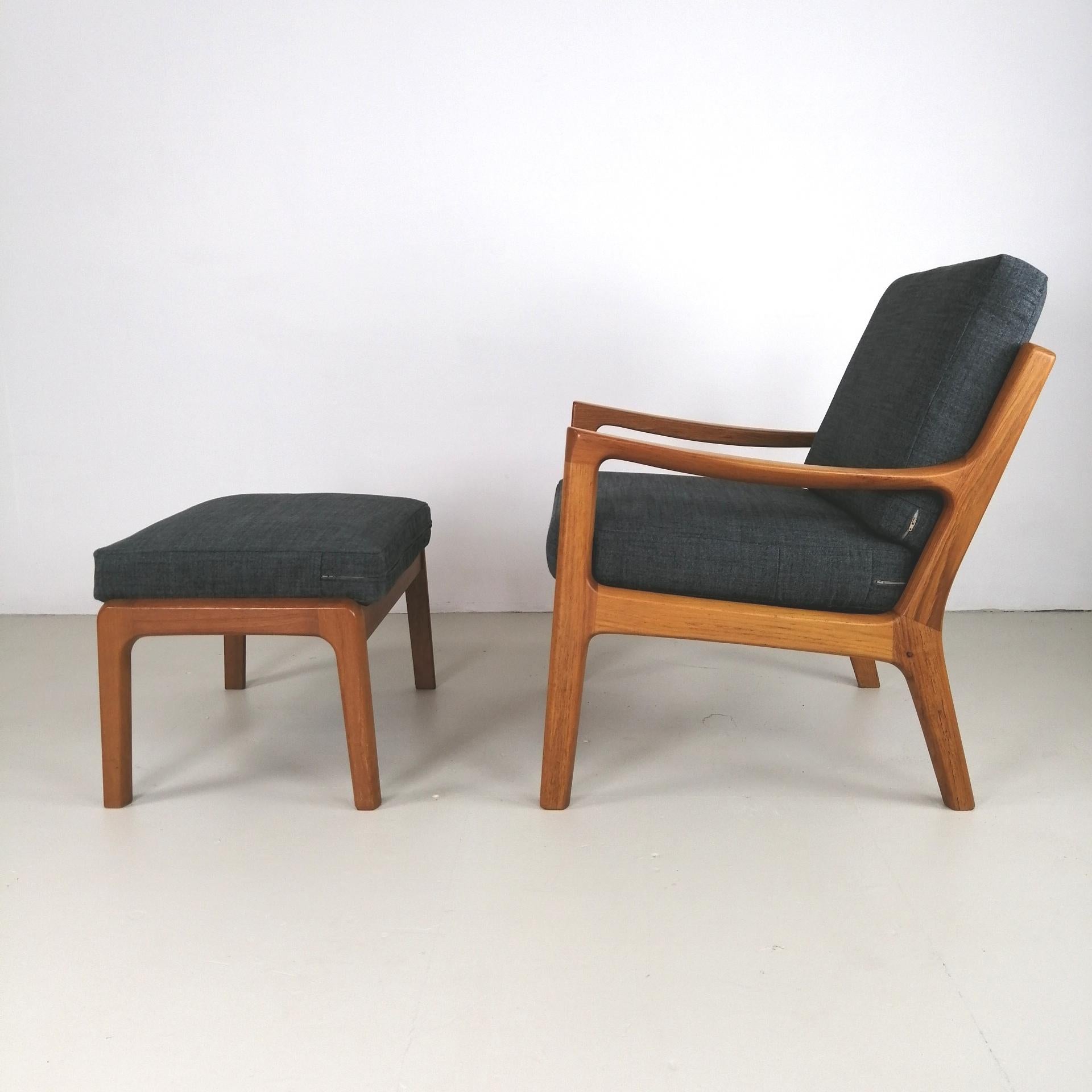 20th Century Ole Wanscher 1960s Teak Lounge Chair with Matching Ottoman, Grey Upholstery