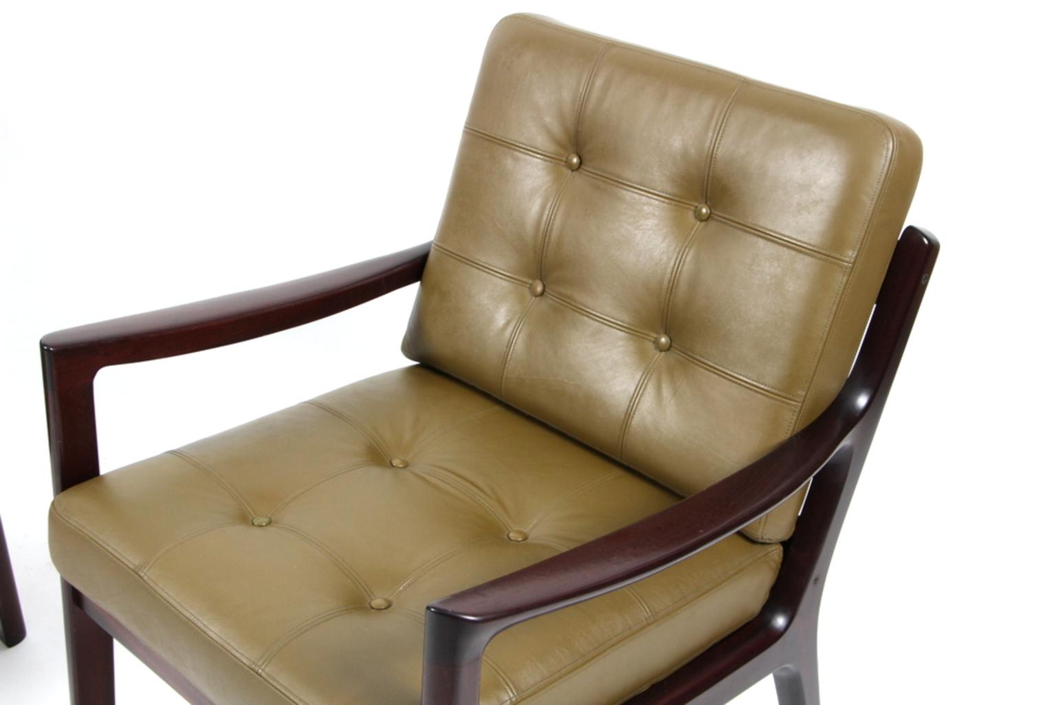 Scandinavian Modern Ole Wanscher a Pair of Lounge Chairs, Model Senator, Mahogany, and Green Leather