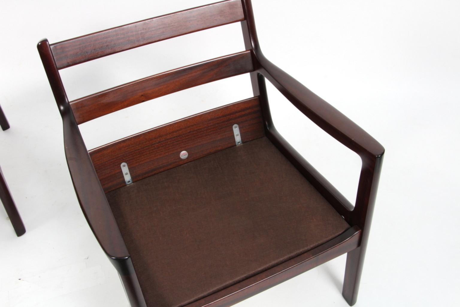 Mid-20th Century Ole Wanscher a Pair of Lounge Chairs, Model Senator, Mahogany, and Green Leather