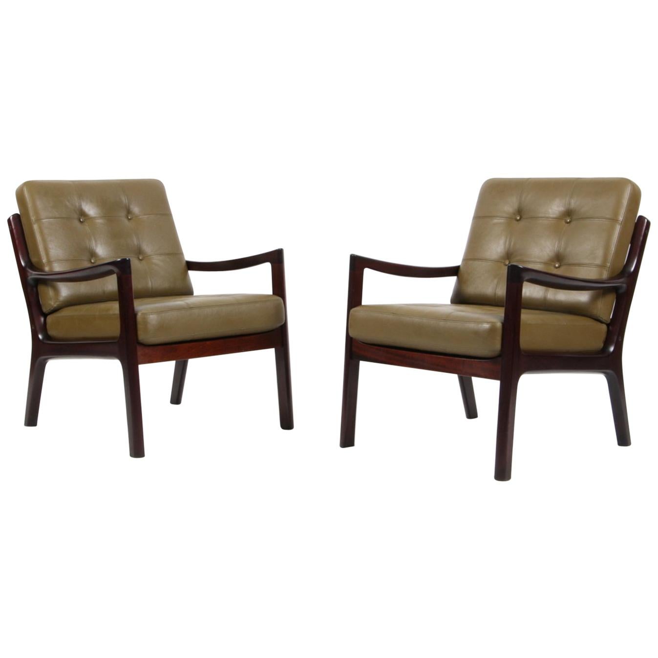 Ole Wanscher a Pair of Lounge Chairs, Model Senator, Mahogany, and Green Leather