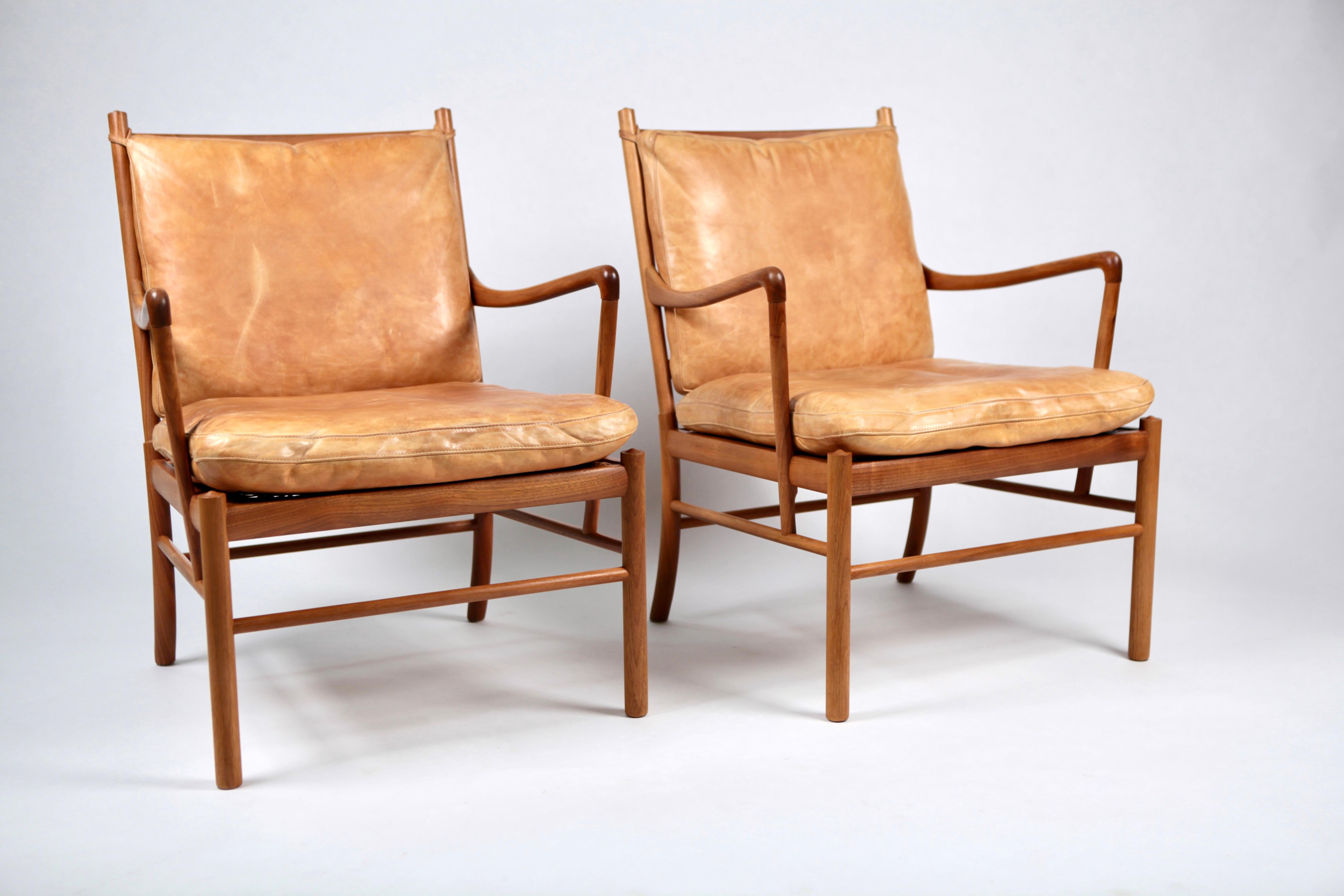Probably the most iconic design by Ole Wanscher.
The PJ-149 'Colonial' chair, designed in 1949.
This set is executed in Mahogany in the 1960s, cane seating frames with original light Cognac colored, down filled leather cushions.
Produced by Poul