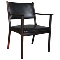 Ole Wanscher Armchair, Model PJ 412, Black Original Leather, Rosewood