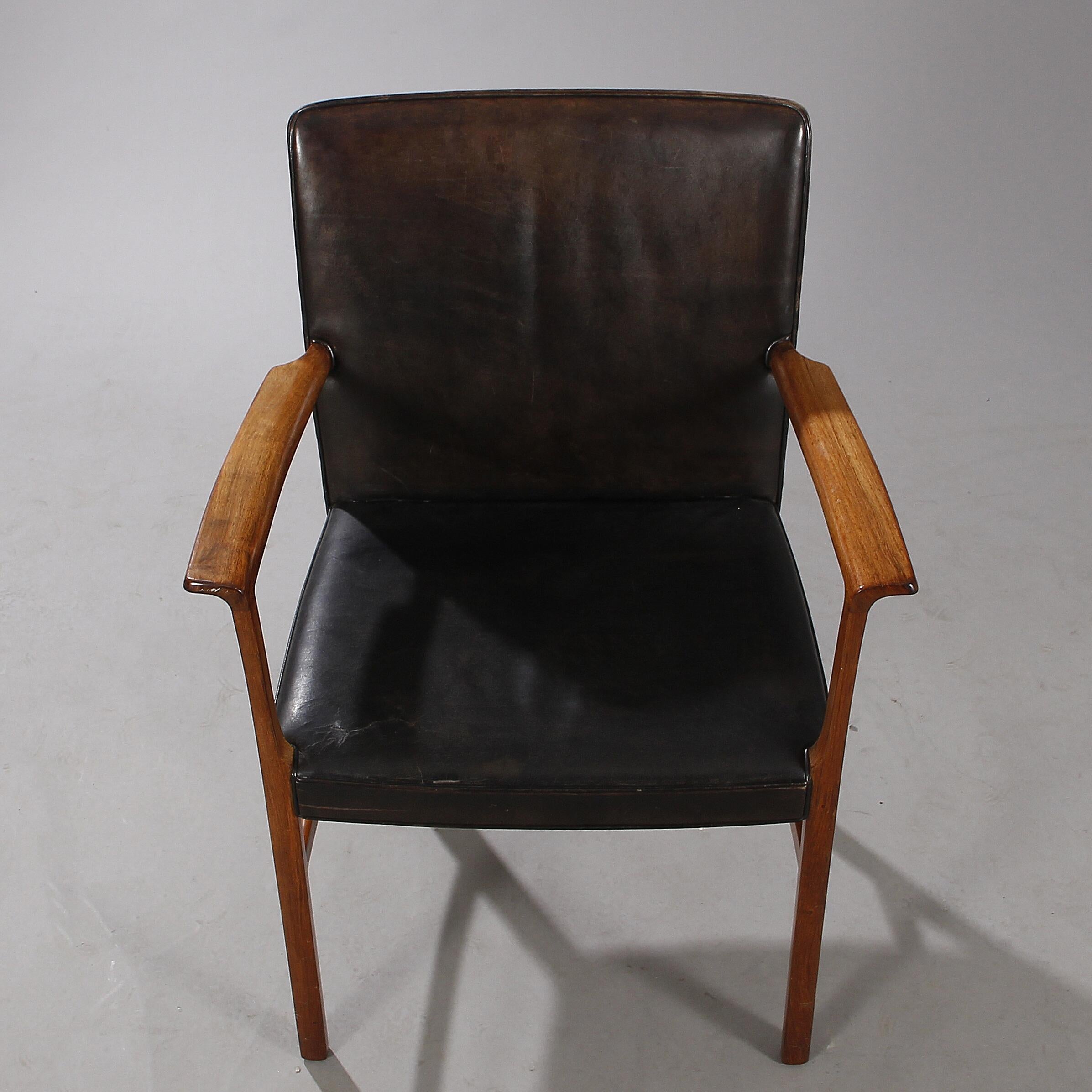 Danish Ole Wanscher Armchair of Black Leather and Rosewood For Sale