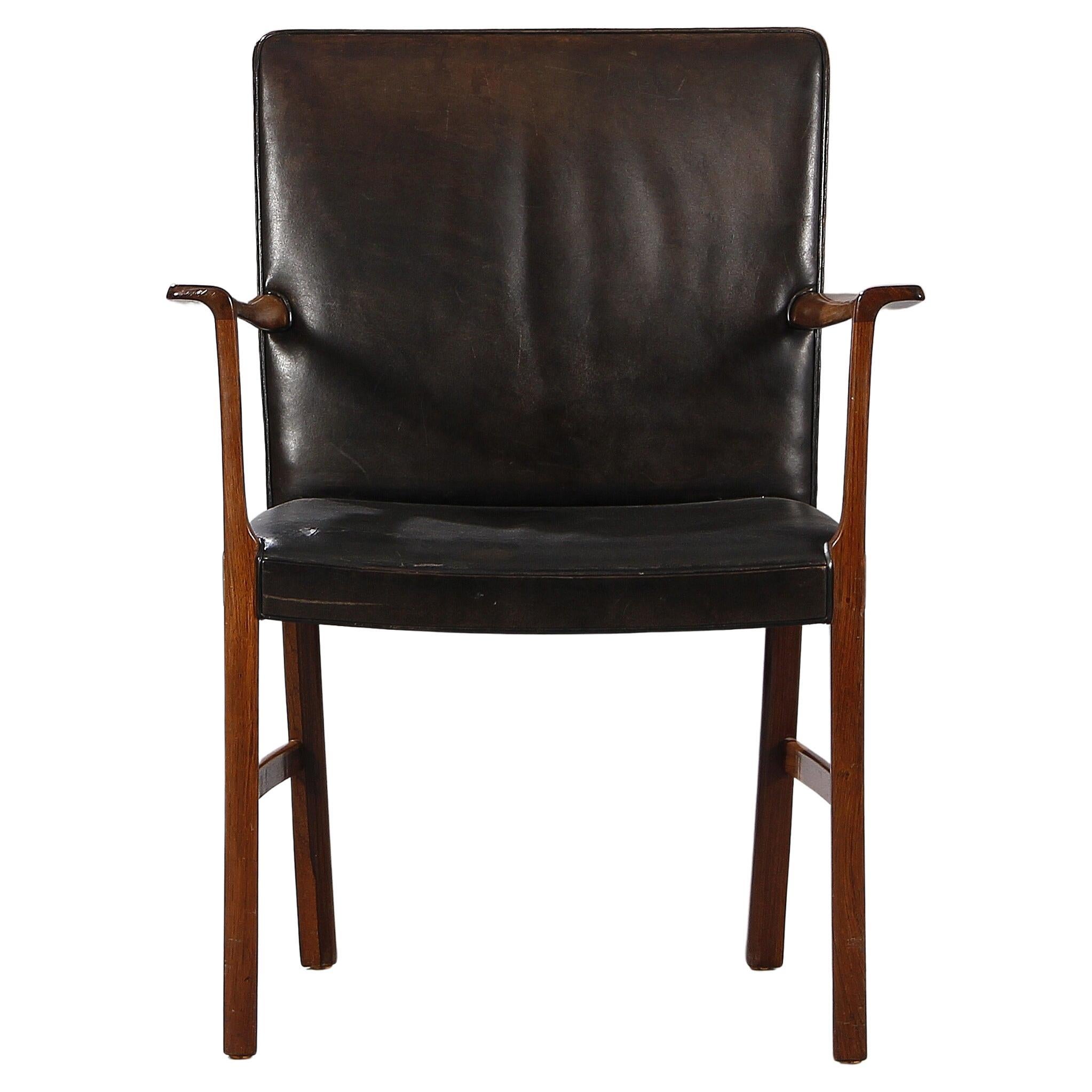 Ole Wanscher Armchair of Black Leather and Rosewood