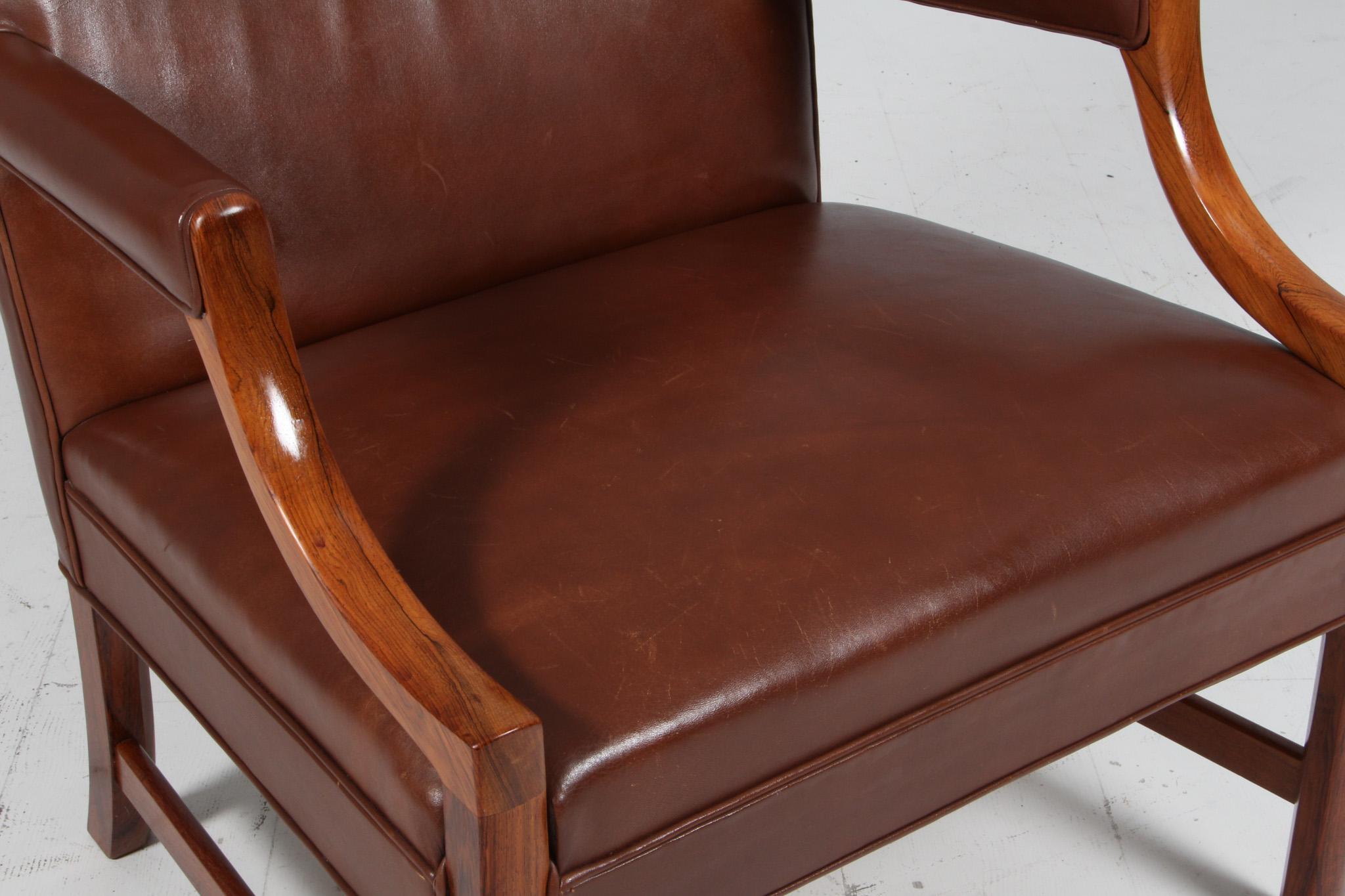 Sillón Ole Wanscher de cuero marrón, Dinamarca Años 50 en Bueno estado para la venta en Esbjerg, DK