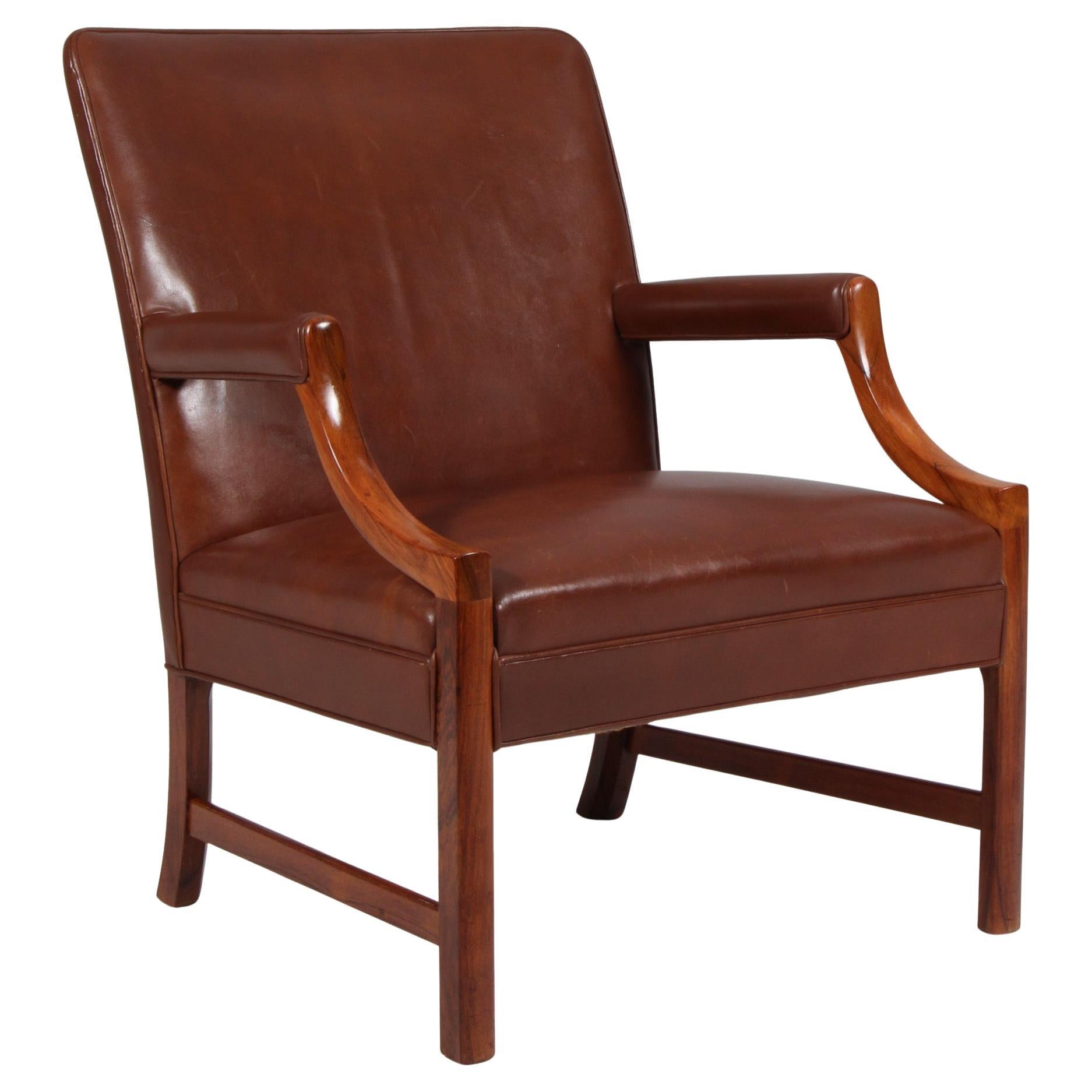 Sillón Ole Wanscher de cuero marrón, Dinamarca Años 50 en venta