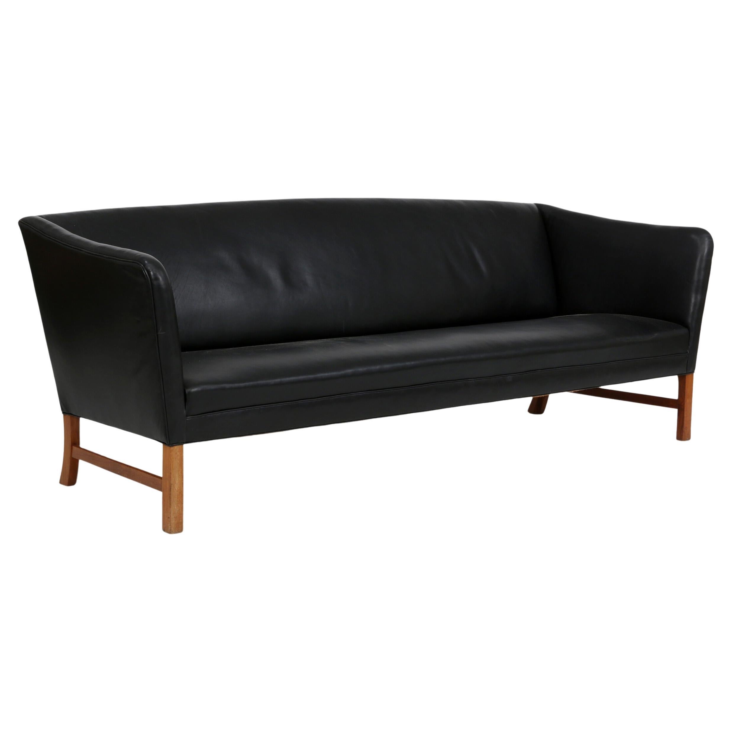 Ole Wanscher Black Leather Sofa with Mahogany Frame