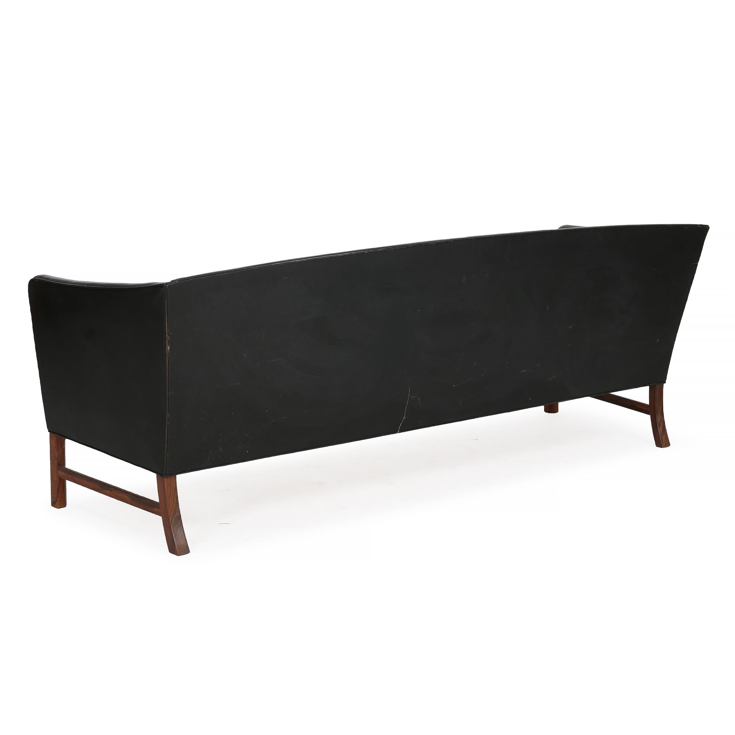 Scandinavian Modern Ole Wanscher Black Leather Sofa with Rosewood Frame For Sale