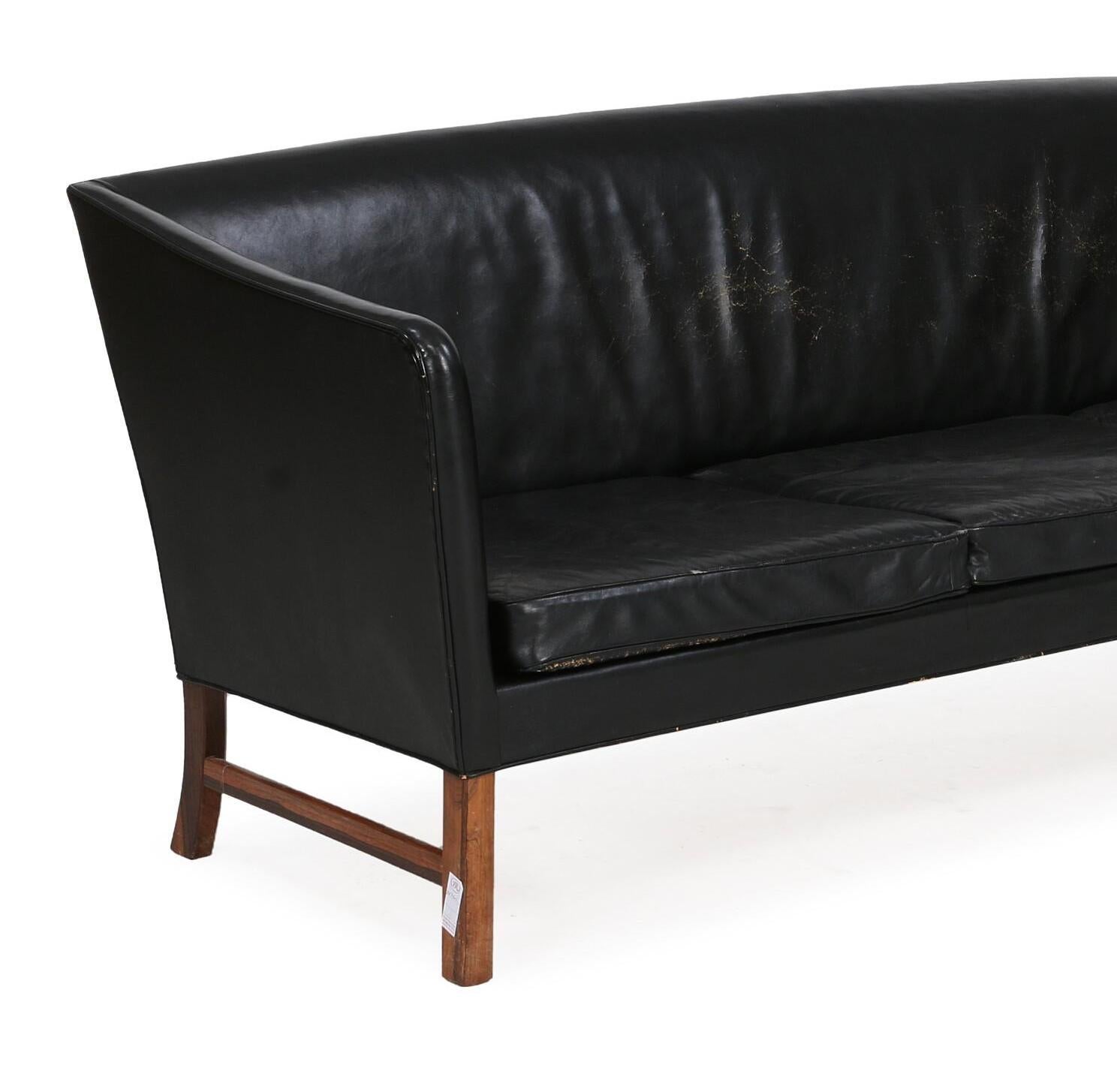European Ole Wanscher Black Leather Sofa with Rosewood Frame For Sale