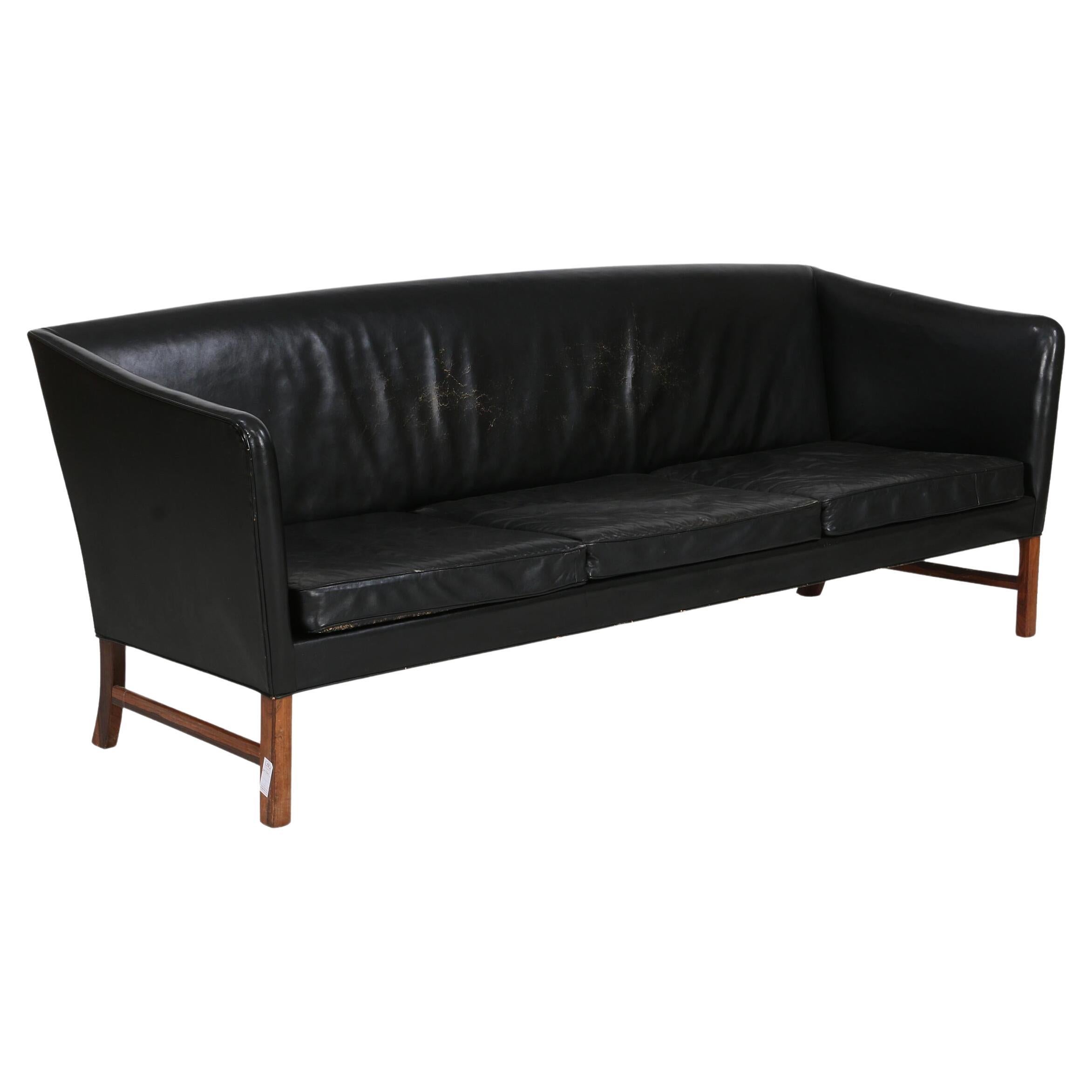 Ole Wanscher Black Leather Sofa with Rosewood Frame For Sale