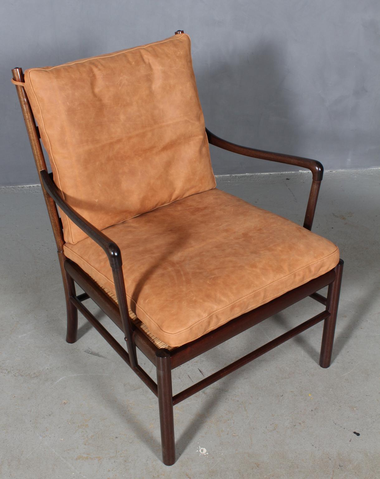 Ole Wanscher lounge chair new upholstered with cognac Dunes aniline leather from Arne Sørensen.

Made in mahogany. 

Model PJ 149 colonial chair, made by Poul Jeppesen.