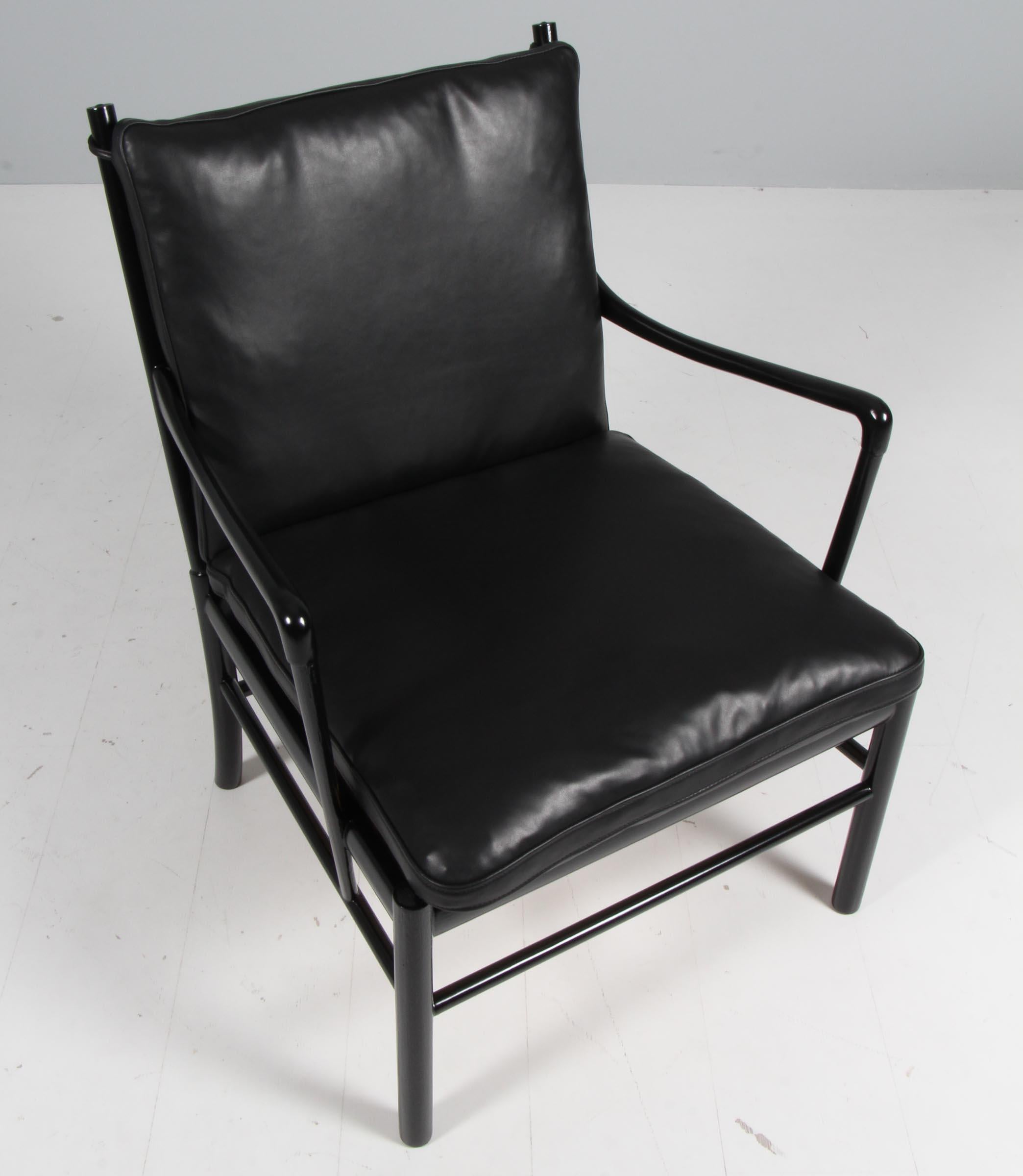 Ole Wanscher lounge chair new upholstered with black aniline leather.

Made of new black painted ash. 

Model colonial chair, made by Poul Jeppesen.