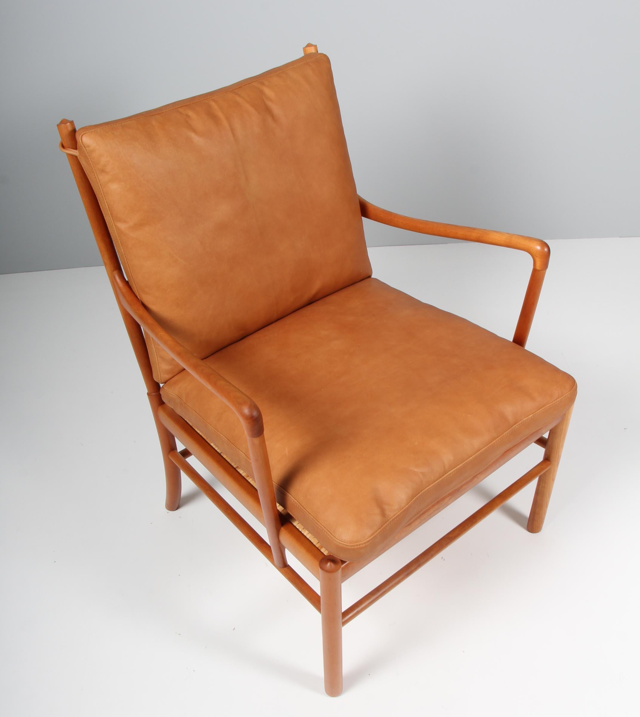 Ole Wanscher lounge chair new upholstered with cognac vintage aniline leather.

Made in cherry. 

Model PJ 149 colonial chair, made by Poul Jeppesen.