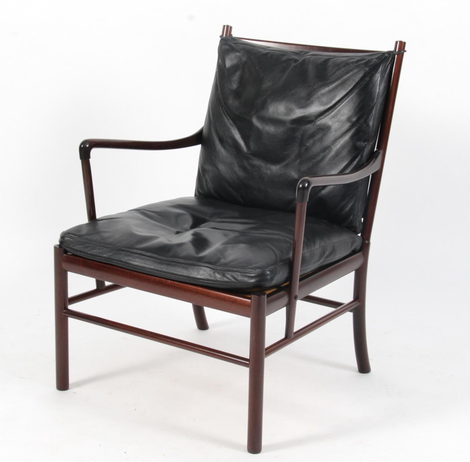 Scandinavian Modern Ole Wanscher Colonial Chair and Ottoman in Mahogany and Original Leather, PJ 149