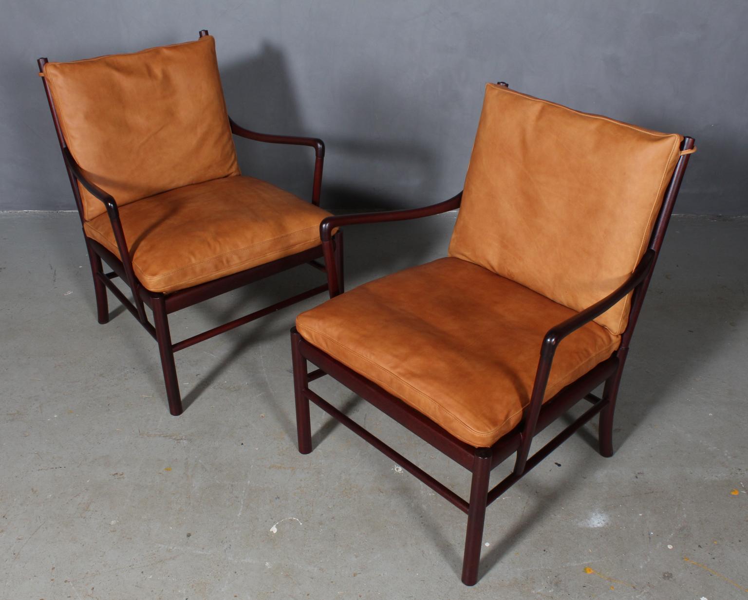 Ole Wanscher lounge chairs new upholstered with vintage aniline leather.

Made in mahogany.

Model PJ 149 colonial chair, made by Poul Jeppesen.