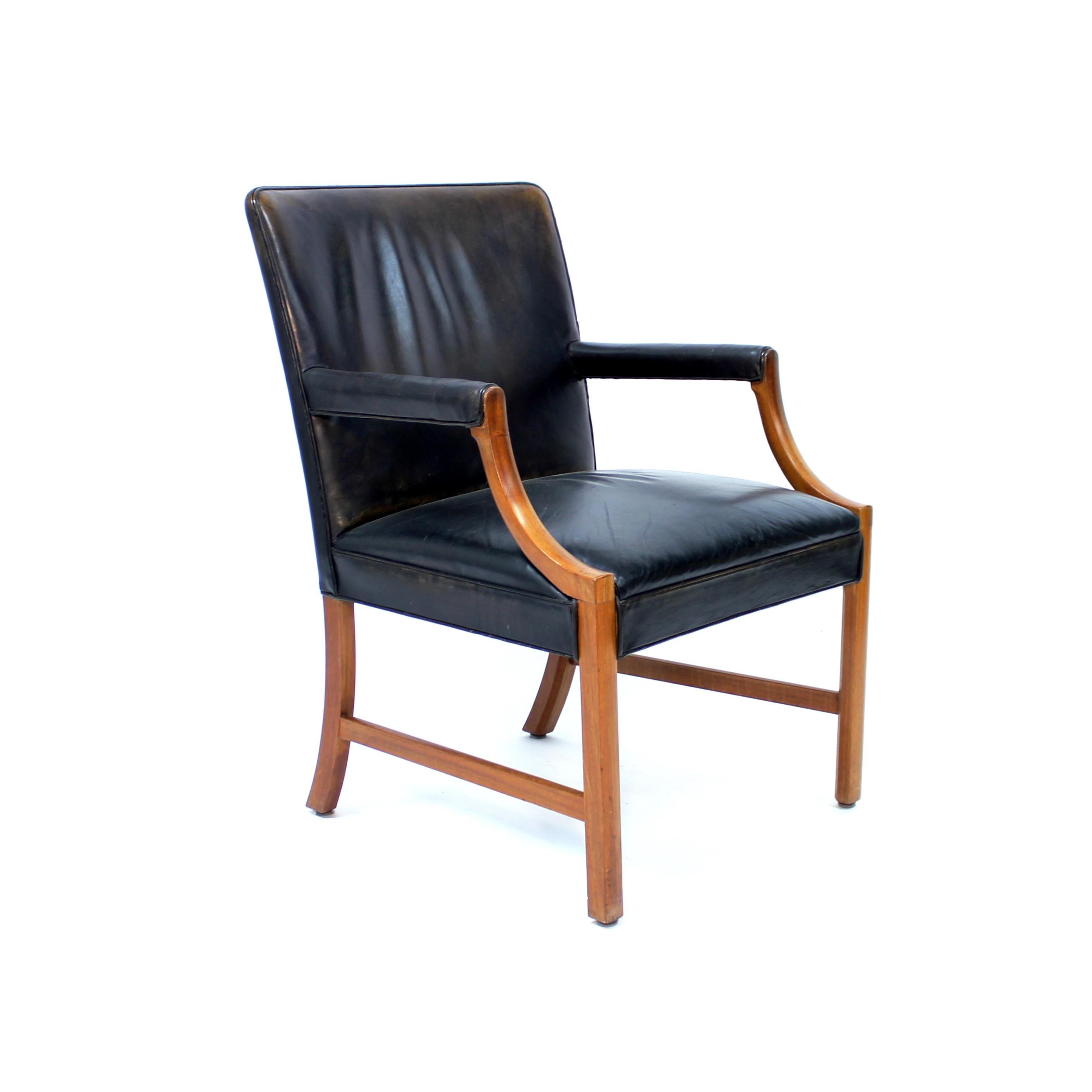 Scandinavian Modern Ole Wanscher, Danish leather and Mahogany lounge chair for A.J. Iversen, 1940s For Sale