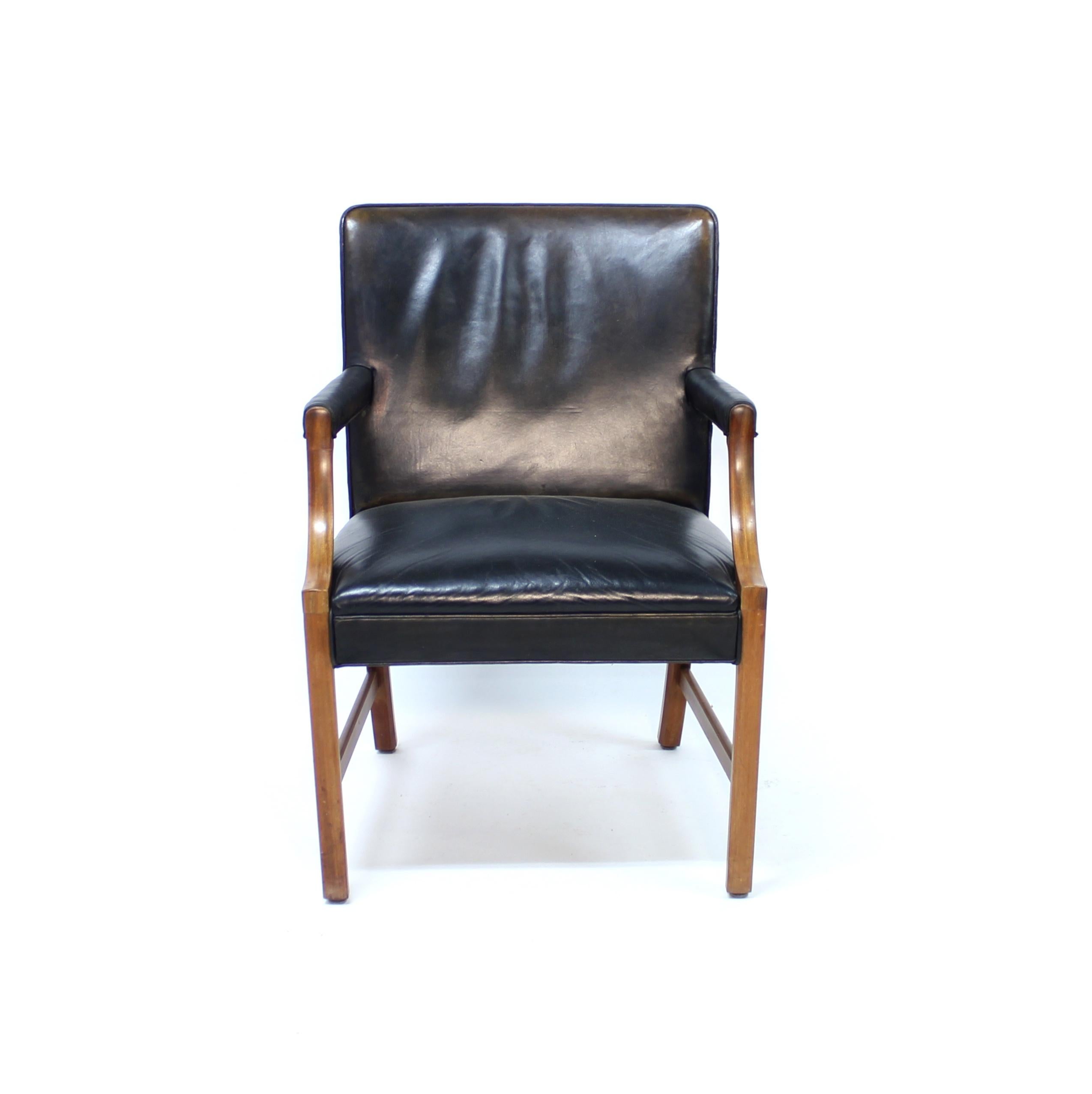 Leather Ole Wanscher, Danish leather and Mahogany lounge chair for A.J. Iversen, 1940s For Sale