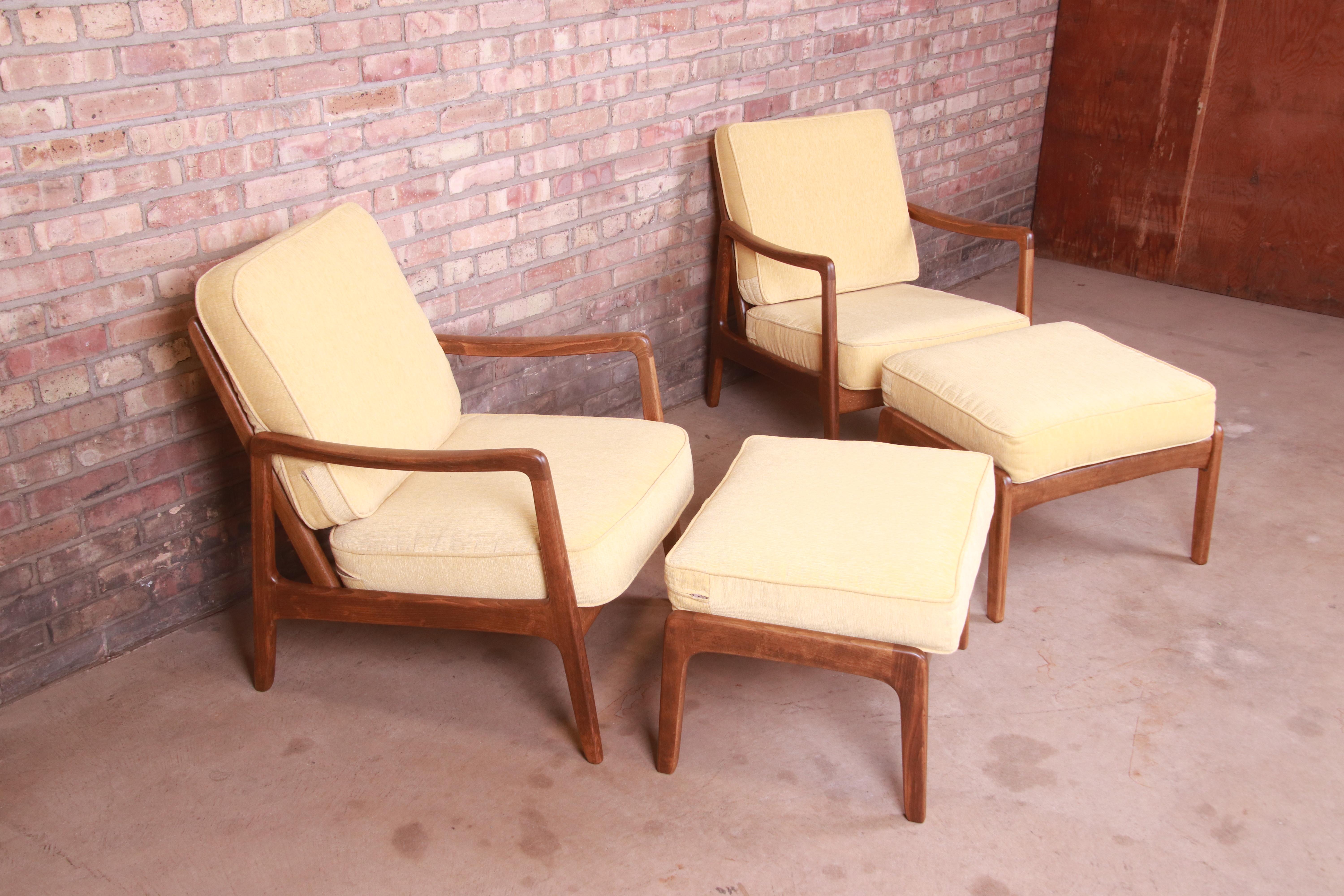 Mid-Century Modern Ole Wanscher Danish Modern Lounge Chairs and Ottomans, Newly Refinished