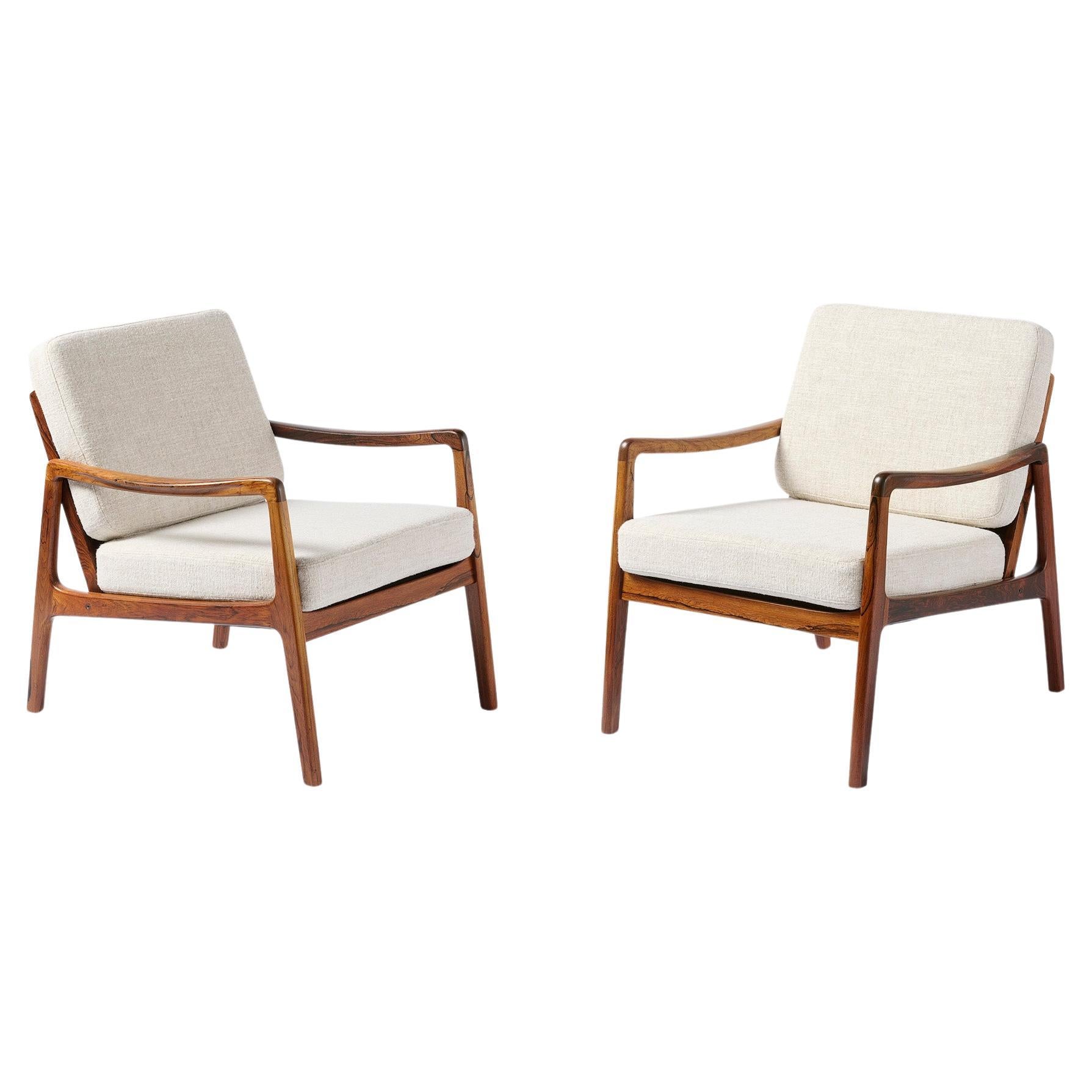 Ole Wanscher Danish Rosewood & Fabric Lounge Chairs, 1960s For Sale