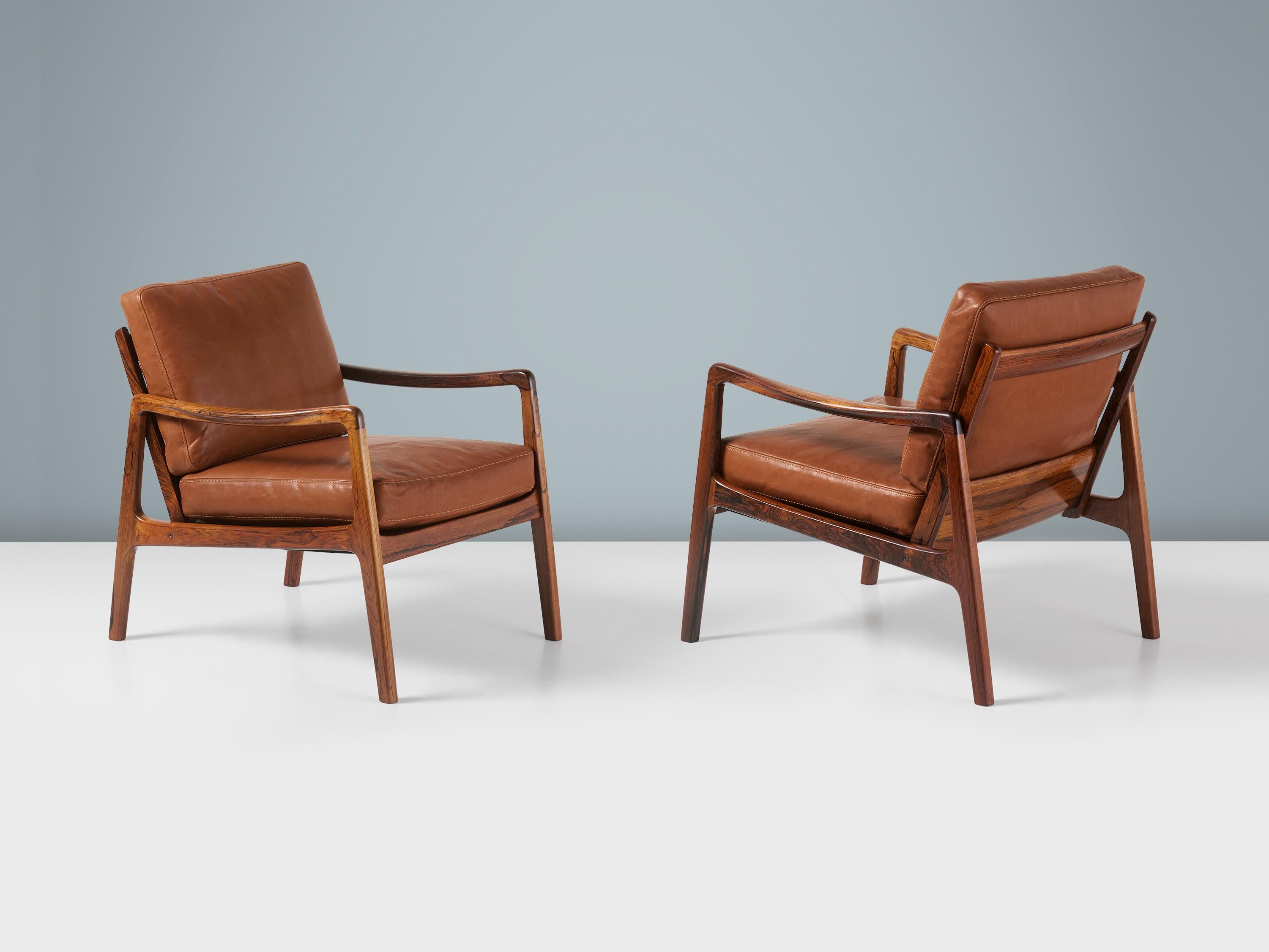 Scandinavian Modern Ole Wanscher Danish Rosewood & Leather Lounge Chairs, 1960s For Sale