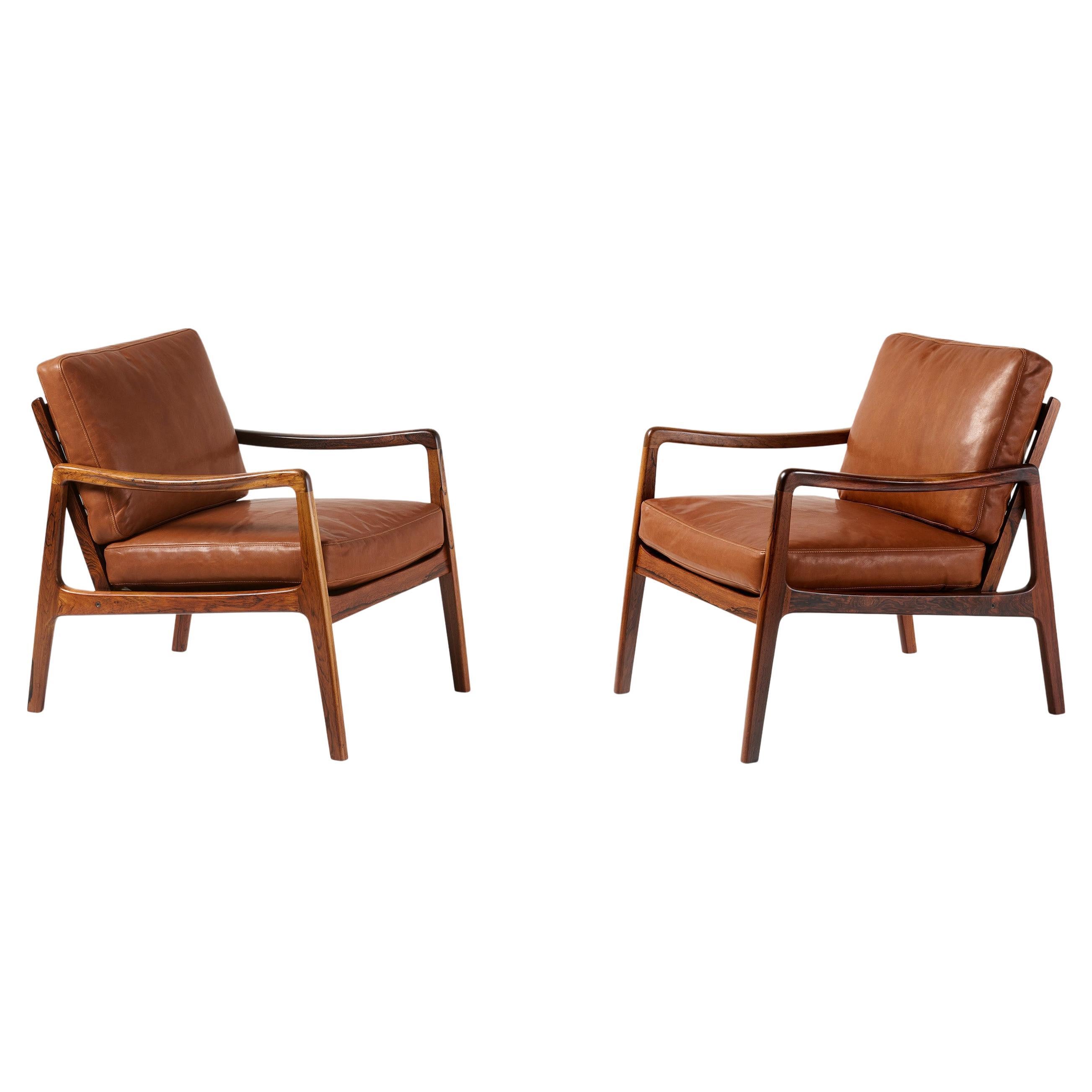 Ole Wanscher Danish Rosewood & Leather Lounge Chairs, 1960s