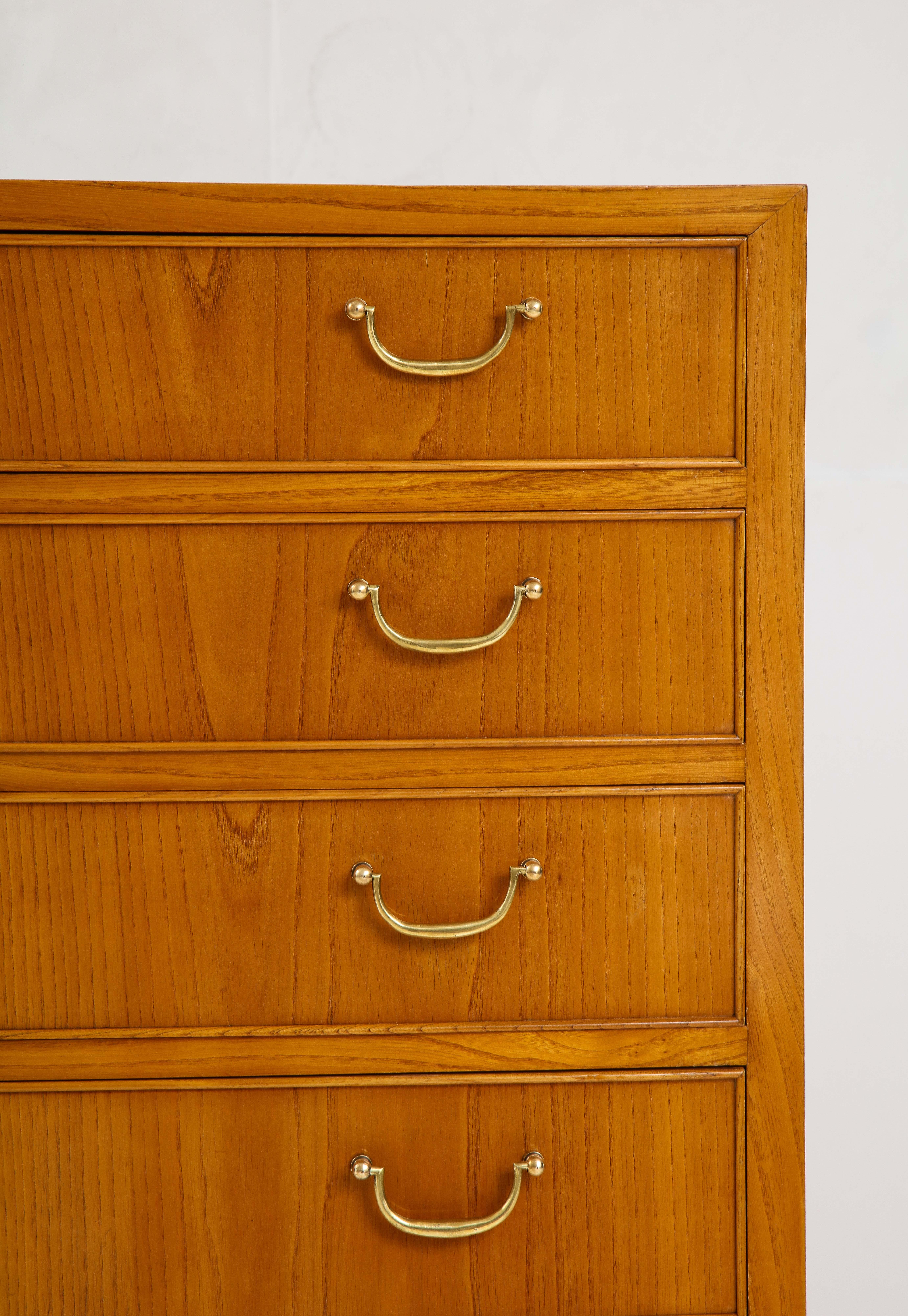 Danish Ole Wanscher Elm Wood Tall Bow Front Chest of Drawers, Circa 1950s For Sale