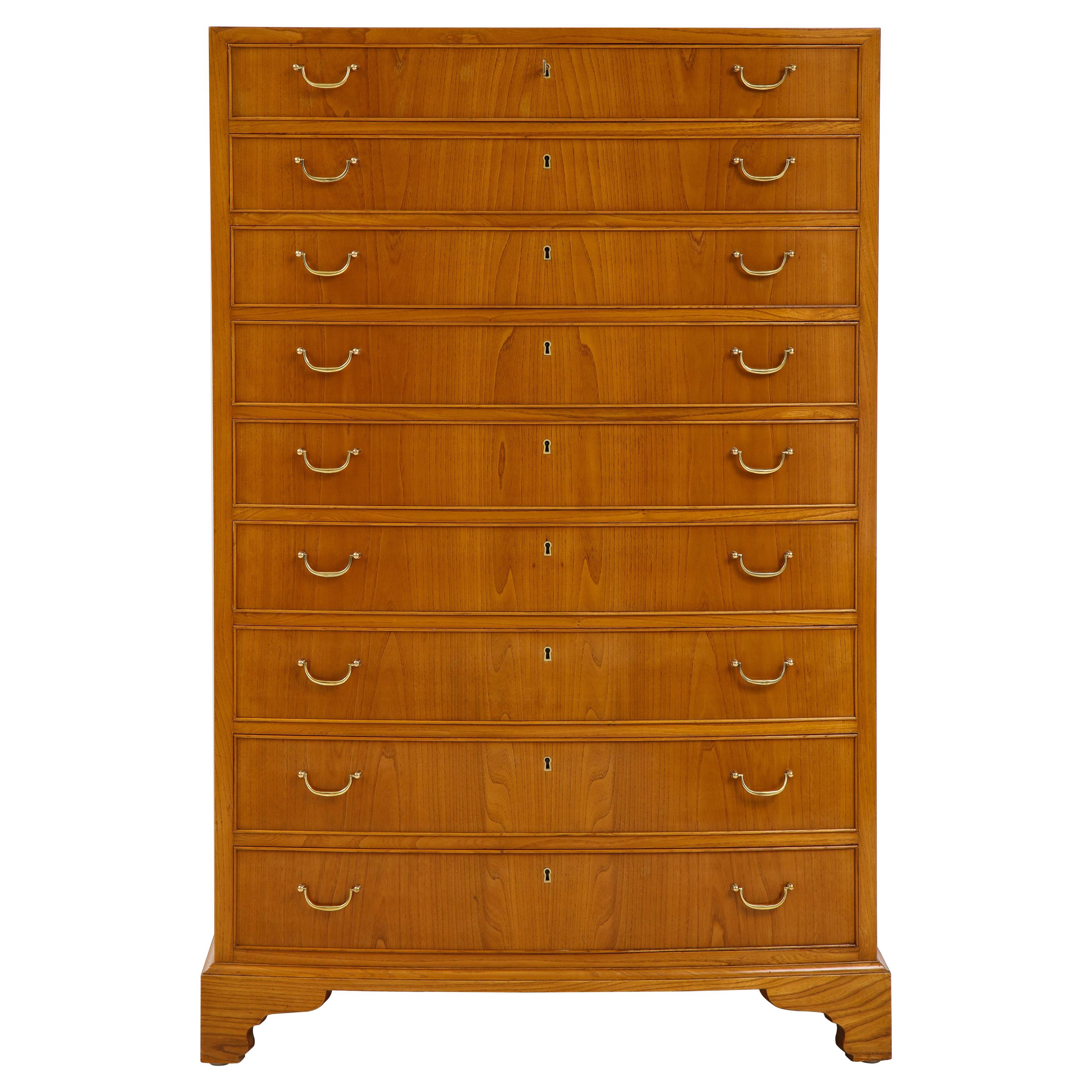 Ole Wanscher Elm Wood Tall Bow Front Chest of Drawers, Circa 1950s For Sale