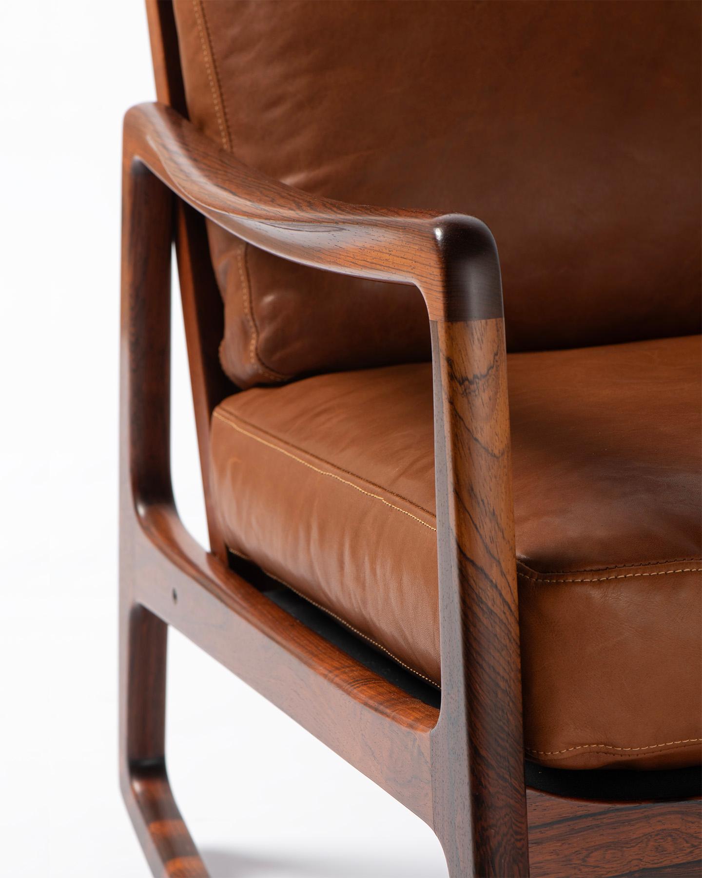 Cuir Ole Wanscher FD-120 Chaise à bascule en palissandre et cuir, années 1950 en vente