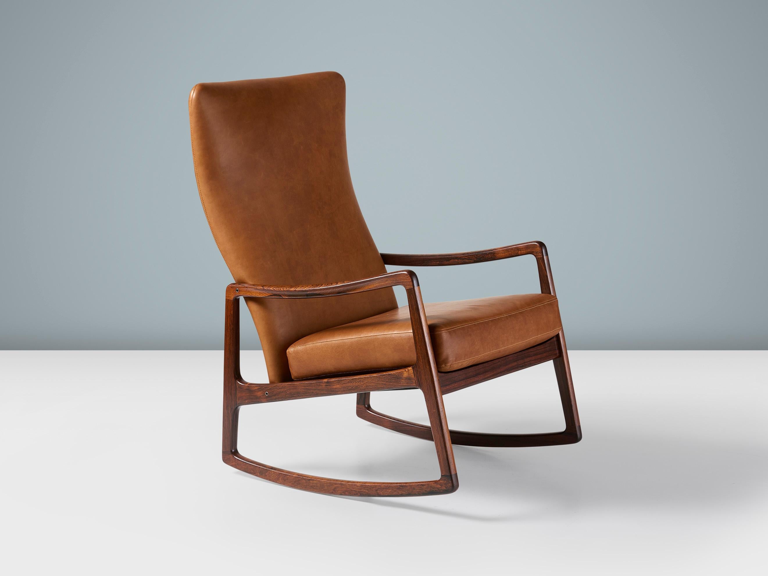 Danish Ole Wanscher FD-160 Rosewood & Leather Rocking Chair, 1960s For Sale