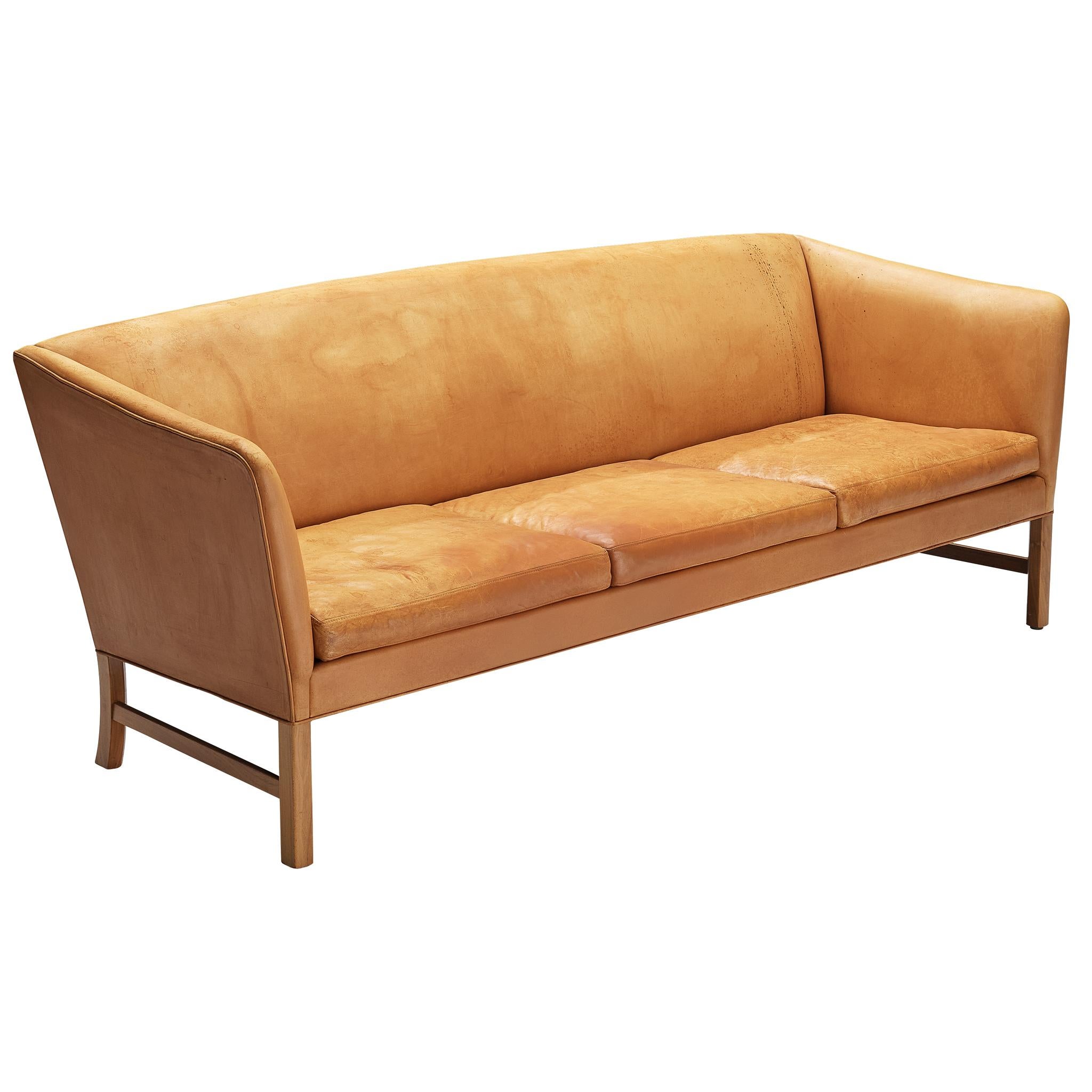 Ole Wanscher for A.J. Iverseren Sofa in Camel Leather and Walnut