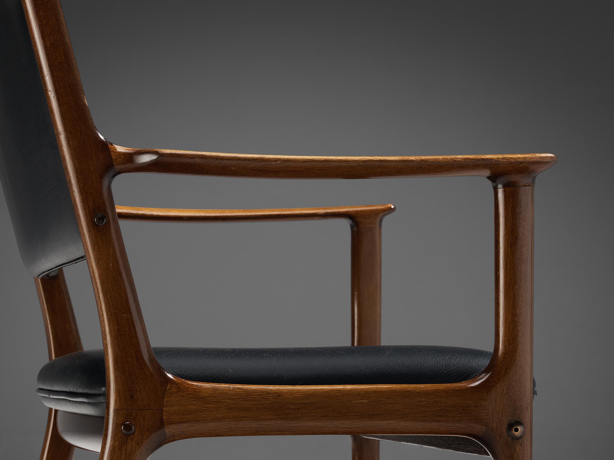Scandinavian Modern Ole Wanscher for Poul Jeppesen Armchairs in Teak and Black Leather  For Sale