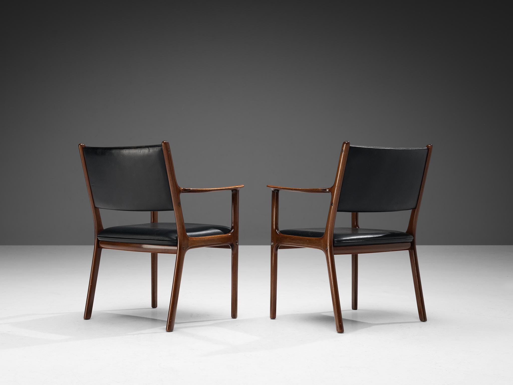 Danish Ole Wanscher for Poul Jeppesen Armchairs in Teak and Black Leather  For Sale